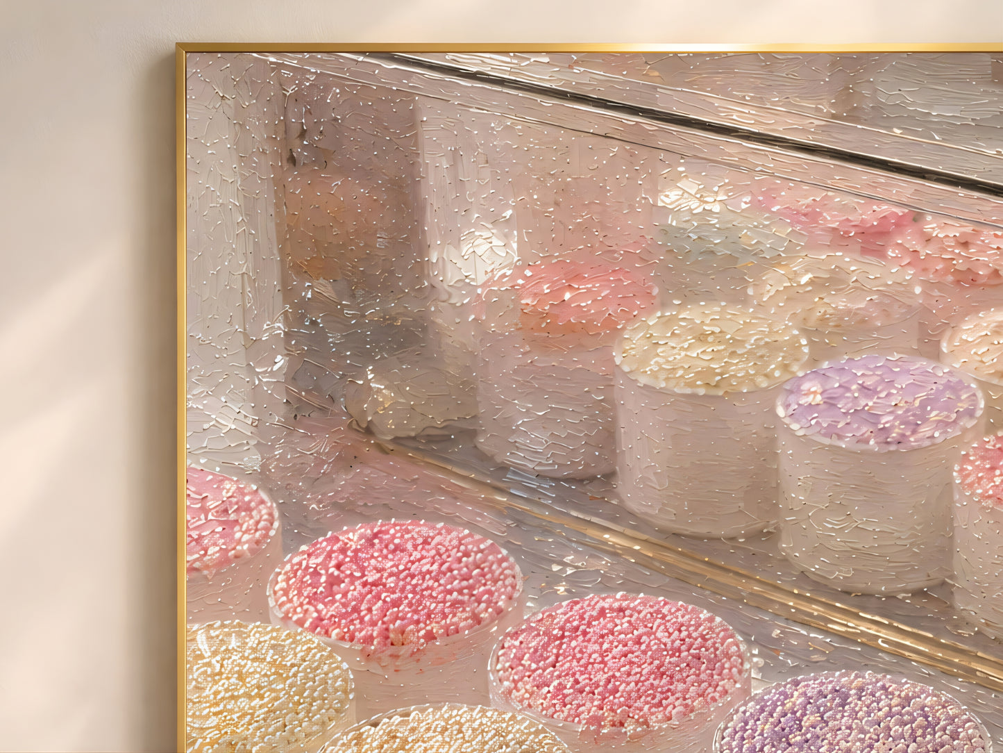 Close-up of Paris bakery dot cake wall art print showing pastel dotcups behind glass display case with pink lavender and pistachio nonpareils and gold La Vie en Rose signage detail
