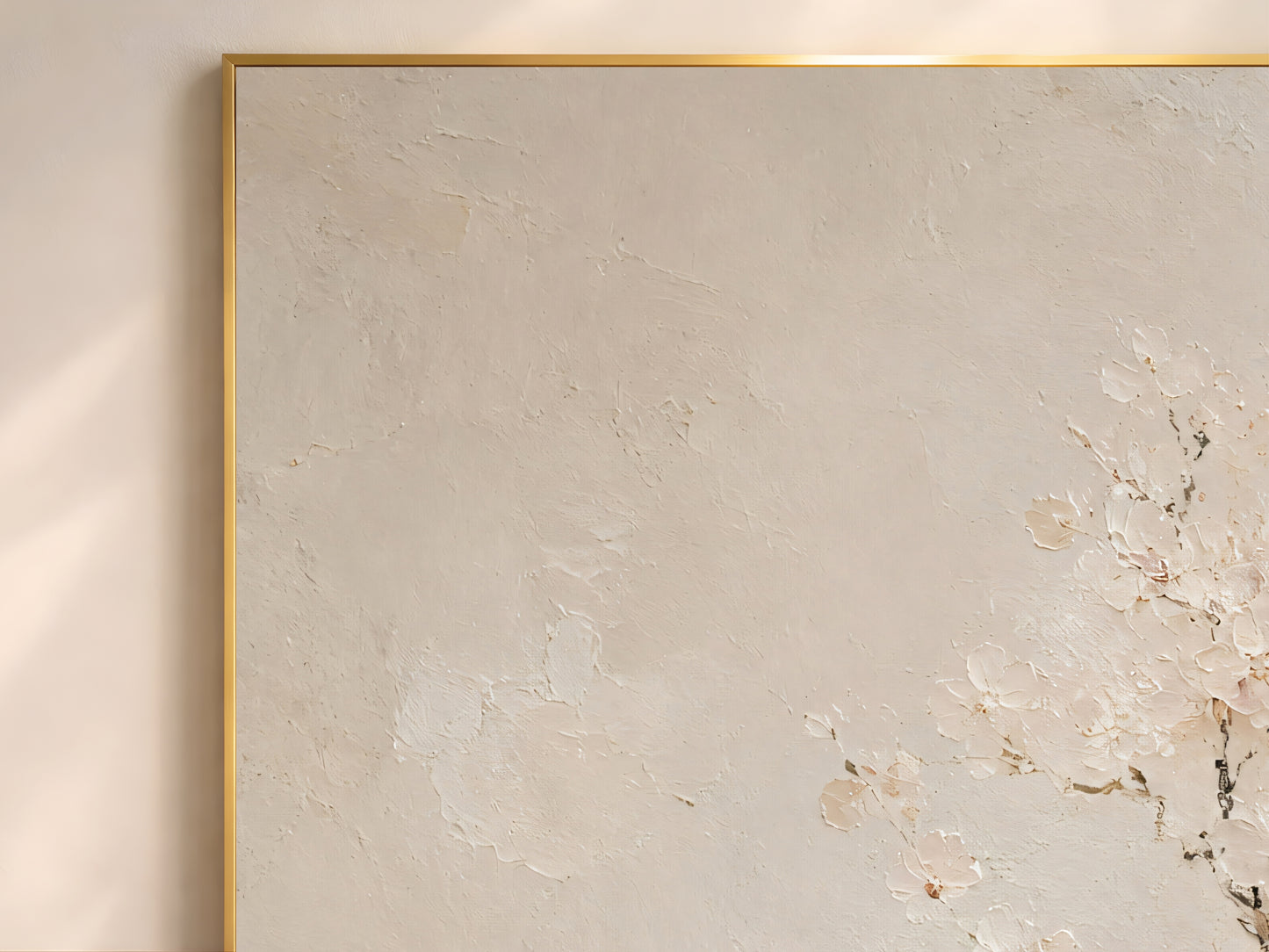 Close-up of japandi cherry blossom impasto painting print showing pale blossom branch on warm greige textured background
