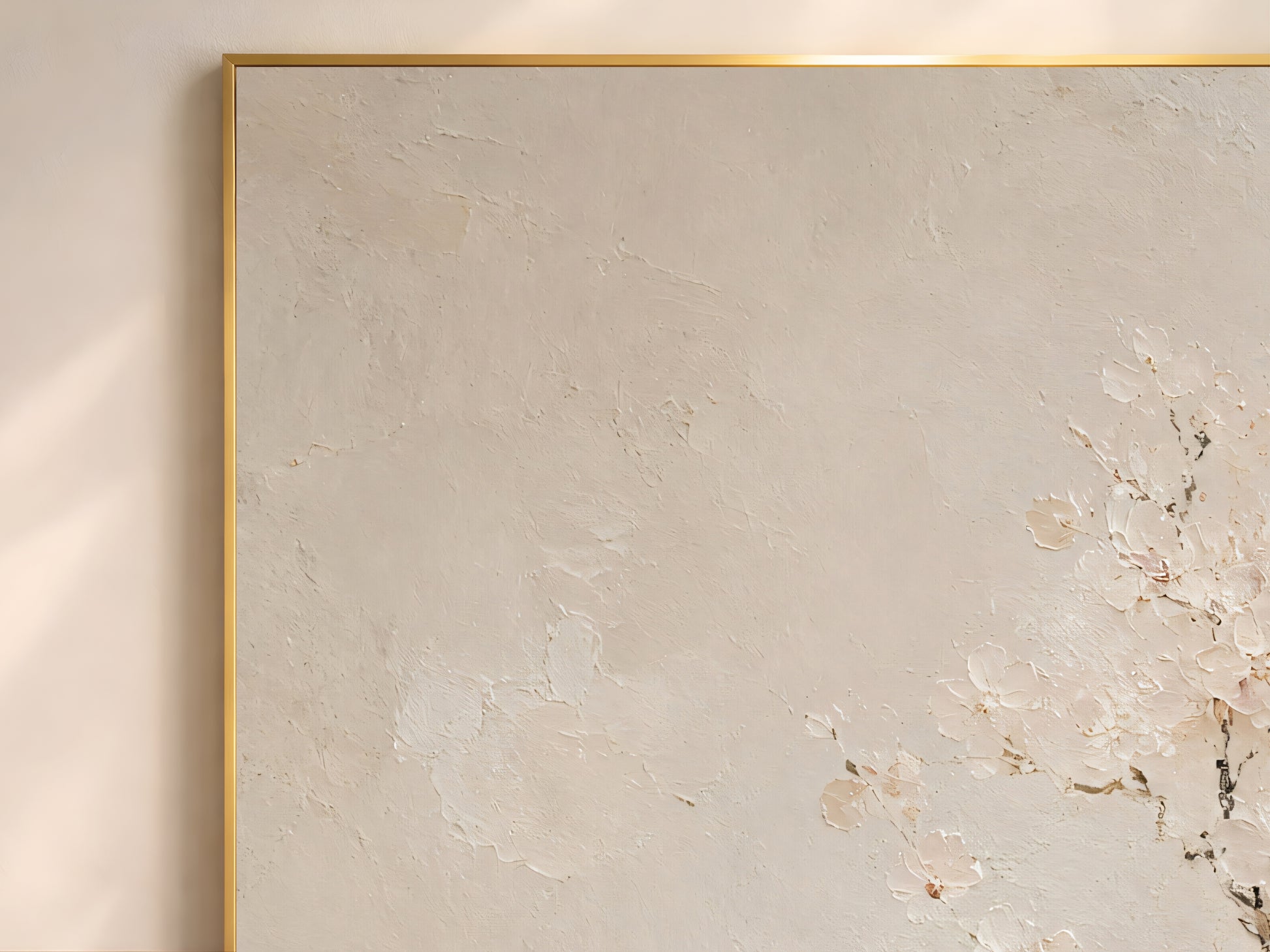 Close-up of japandi cherry blossom impasto painting print showing pale blossom branch on warm greige textured background
