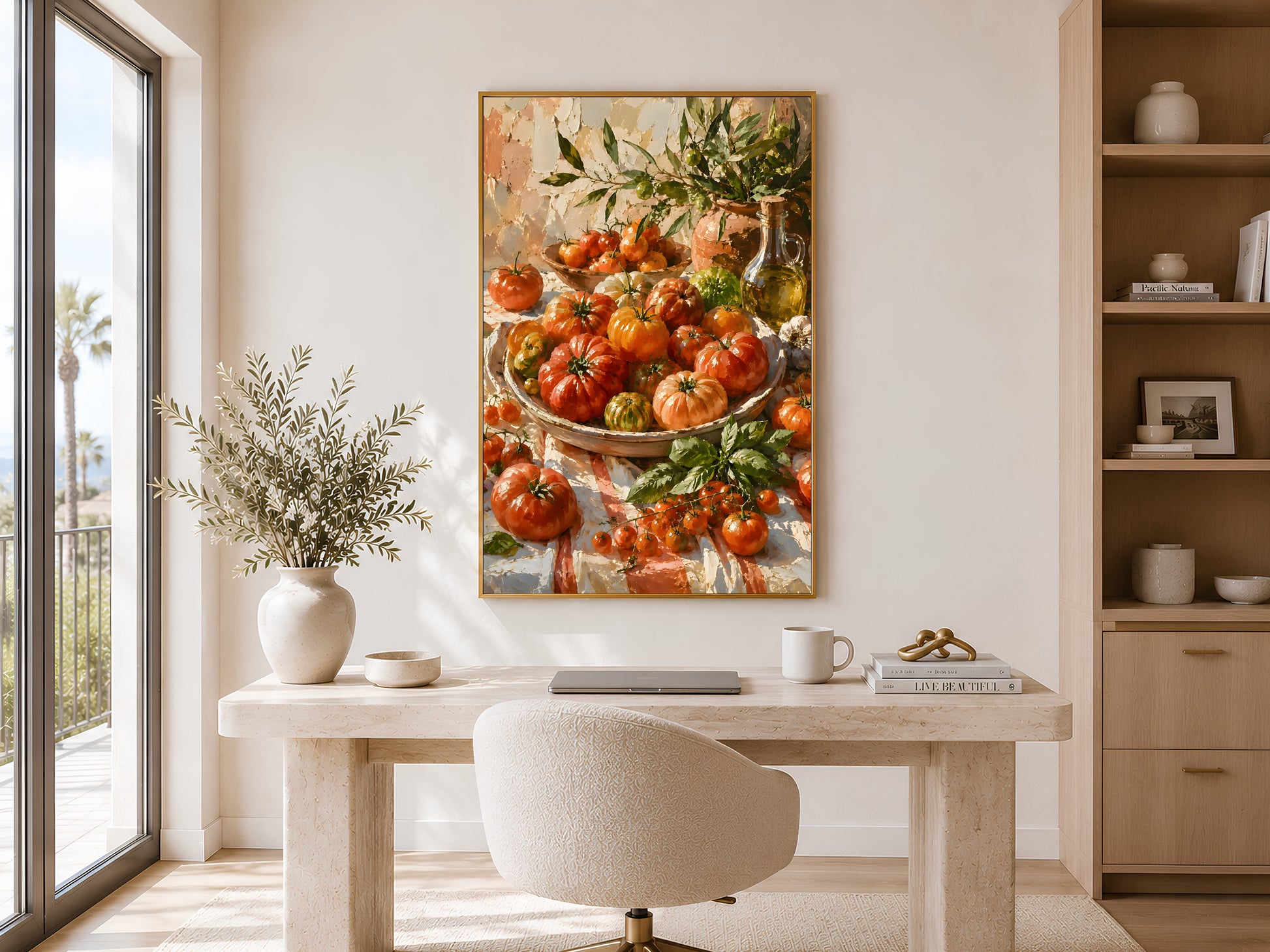 Heirloom tomato art print in a gold frame hanging in a bright Scandinavian-style home office with white furniture and warm natural light
