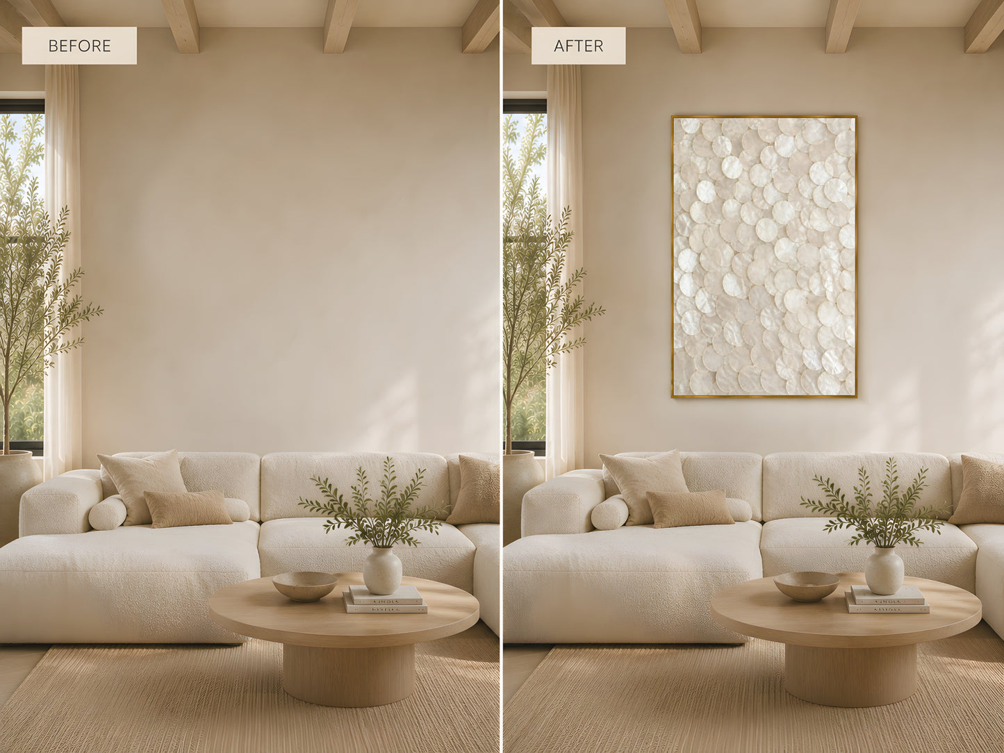 Before and after living room wall transformation — capiz shell abstract print in gold frame above cream sofa turning a plain neutral wall into a stunning coastal statement
