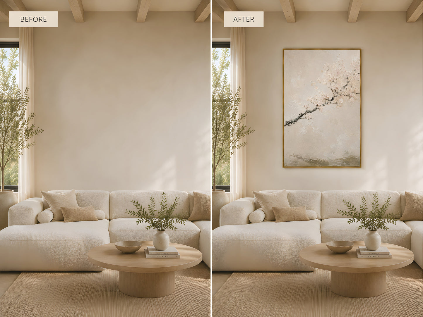 Before and after comparison showing japandi cherry blossom impasto print styled in two minimal neutral living room settings


