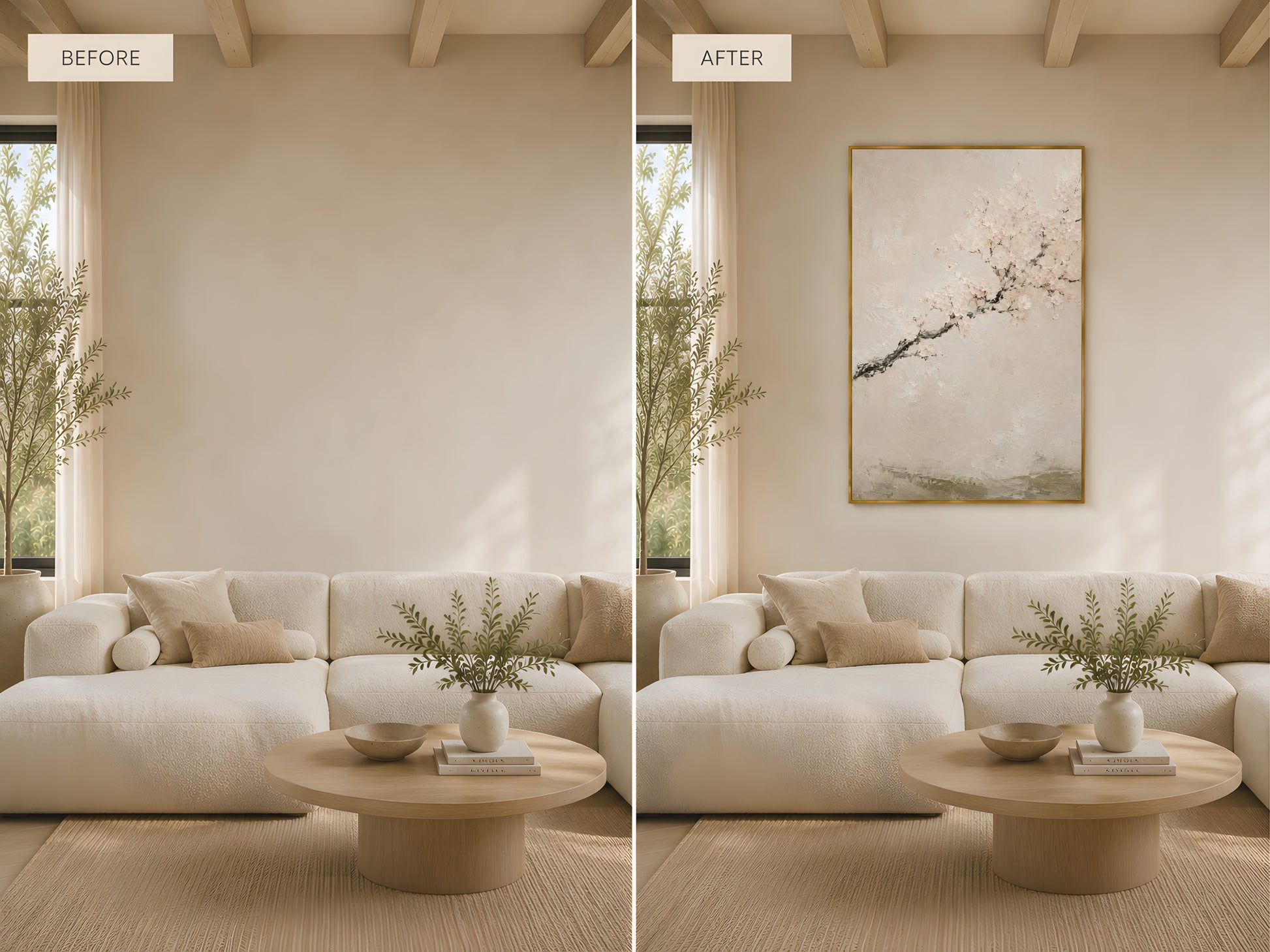 Before and after comparison showing japandi cherry blossom impasto print styled in two minimal neutral living room settings

