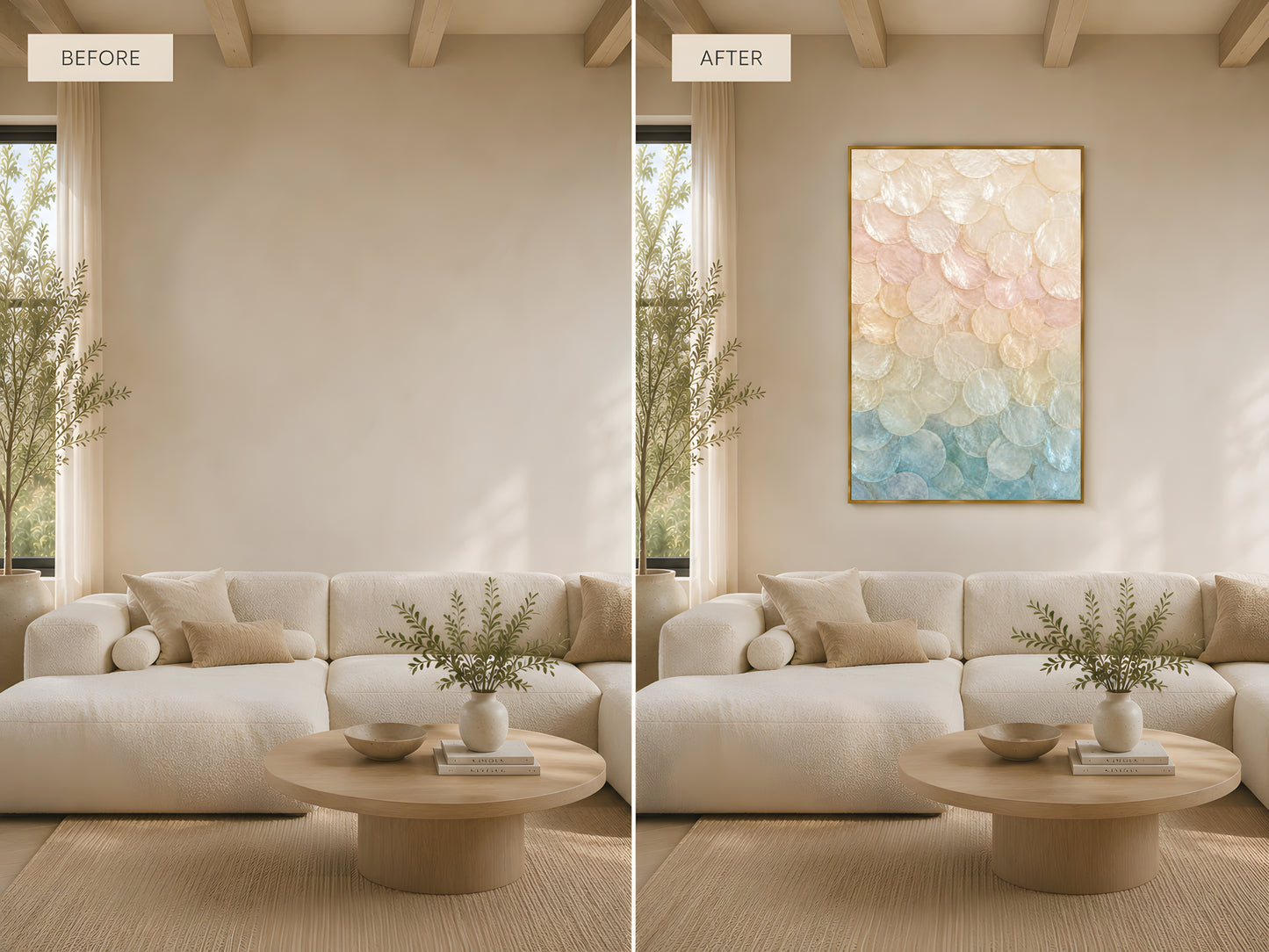 Before and after living room wall transformation — pastel ombré capiz shell print in gold frame above cream sofa turning a plain neutral wall into a stunning coquette coastal statement
