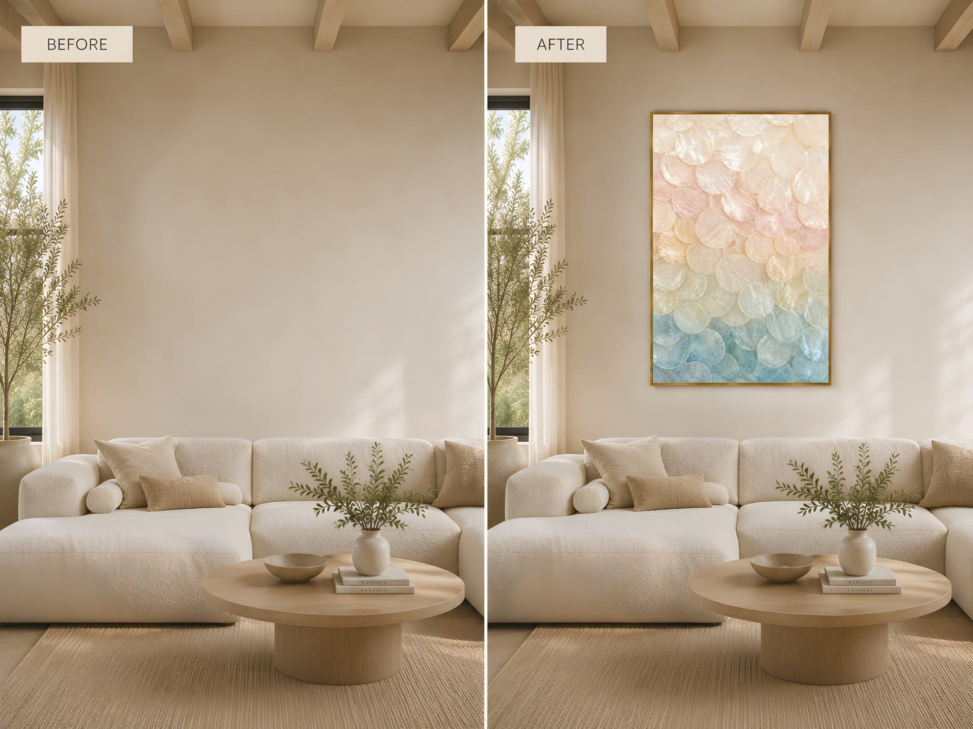 Before and after living room wall transformation — pastel ombré capiz shell print in gold frame above cream sofa turning a plain neutral wall into a stunning coquette coastal statement
