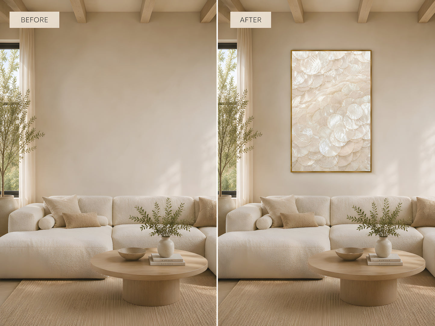 Before and after living room wall transformation — capiz shell swirl spiral print in gold frame above cream sofa turning a plain neutral wall into a stunning quiet luxury coastal statement
