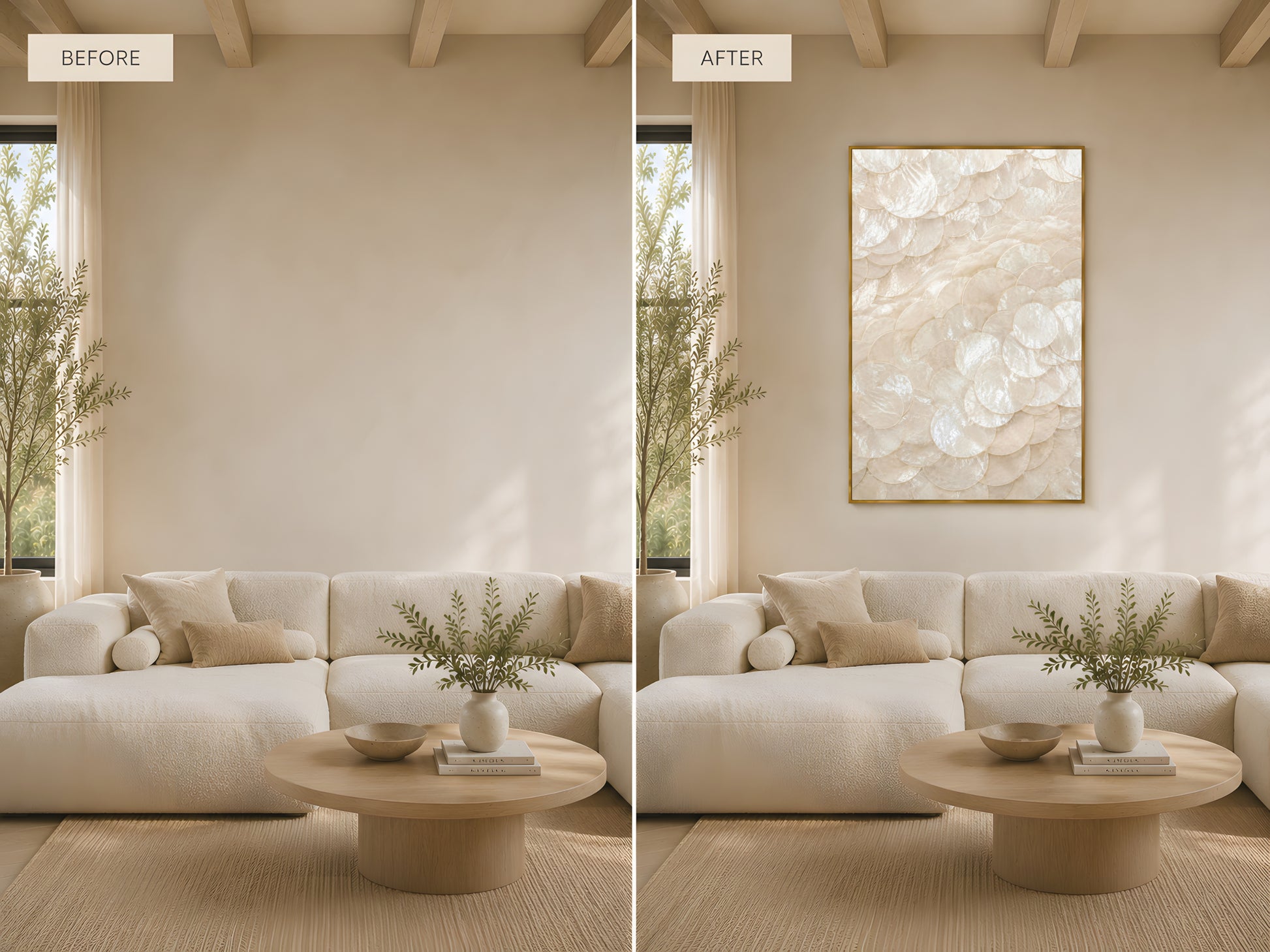 Before and after living room wall transformation — capiz shell swirl spiral print in gold frame above cream sofa turning a plain neutral wall into a stunning quiet luxury coastal statement
