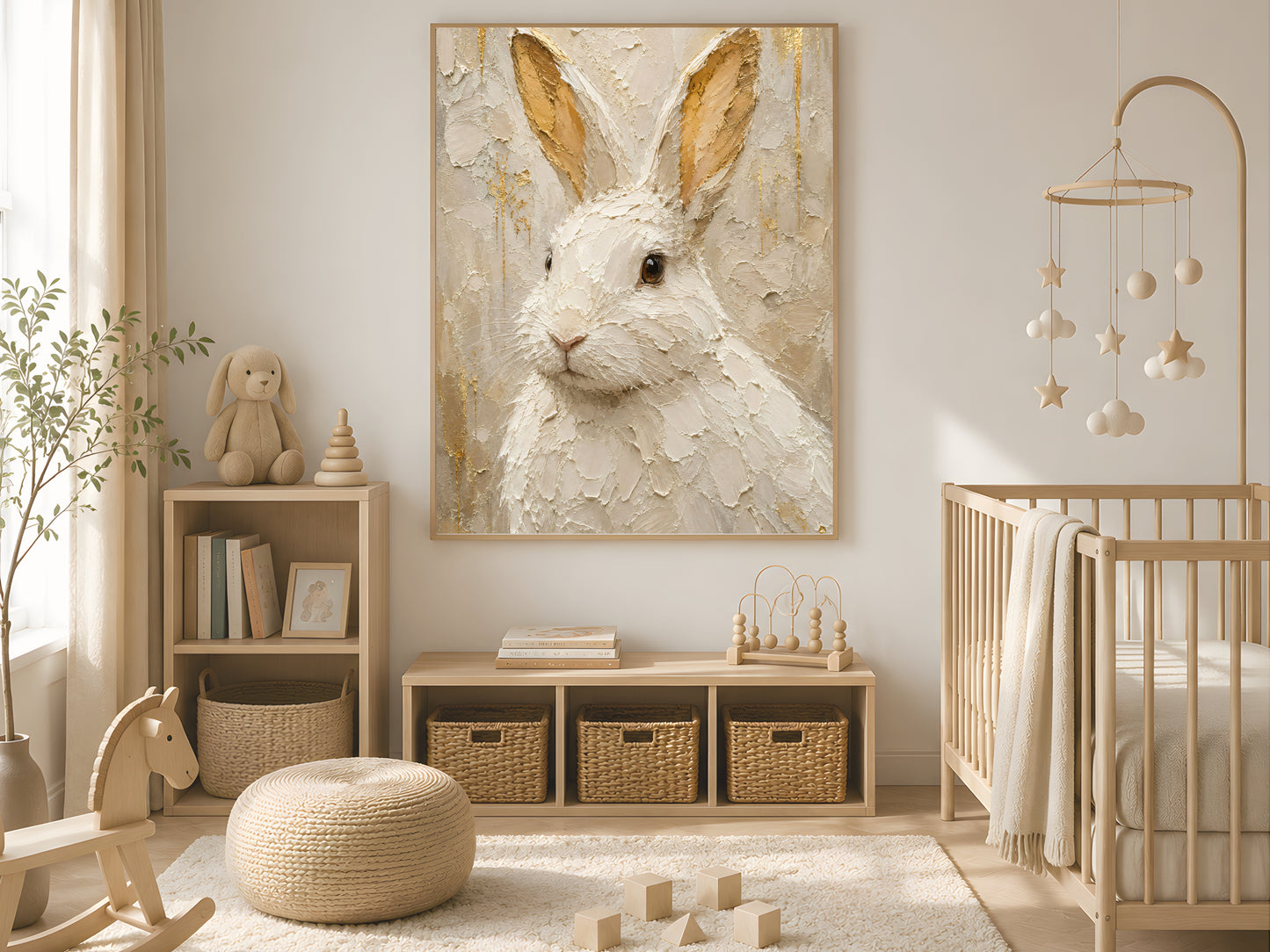 White rabbit impasto print in a wood frame displayed in a cozy children's playroom with a teepee tent, plush toys, bookshelf, and warm neutral decor
