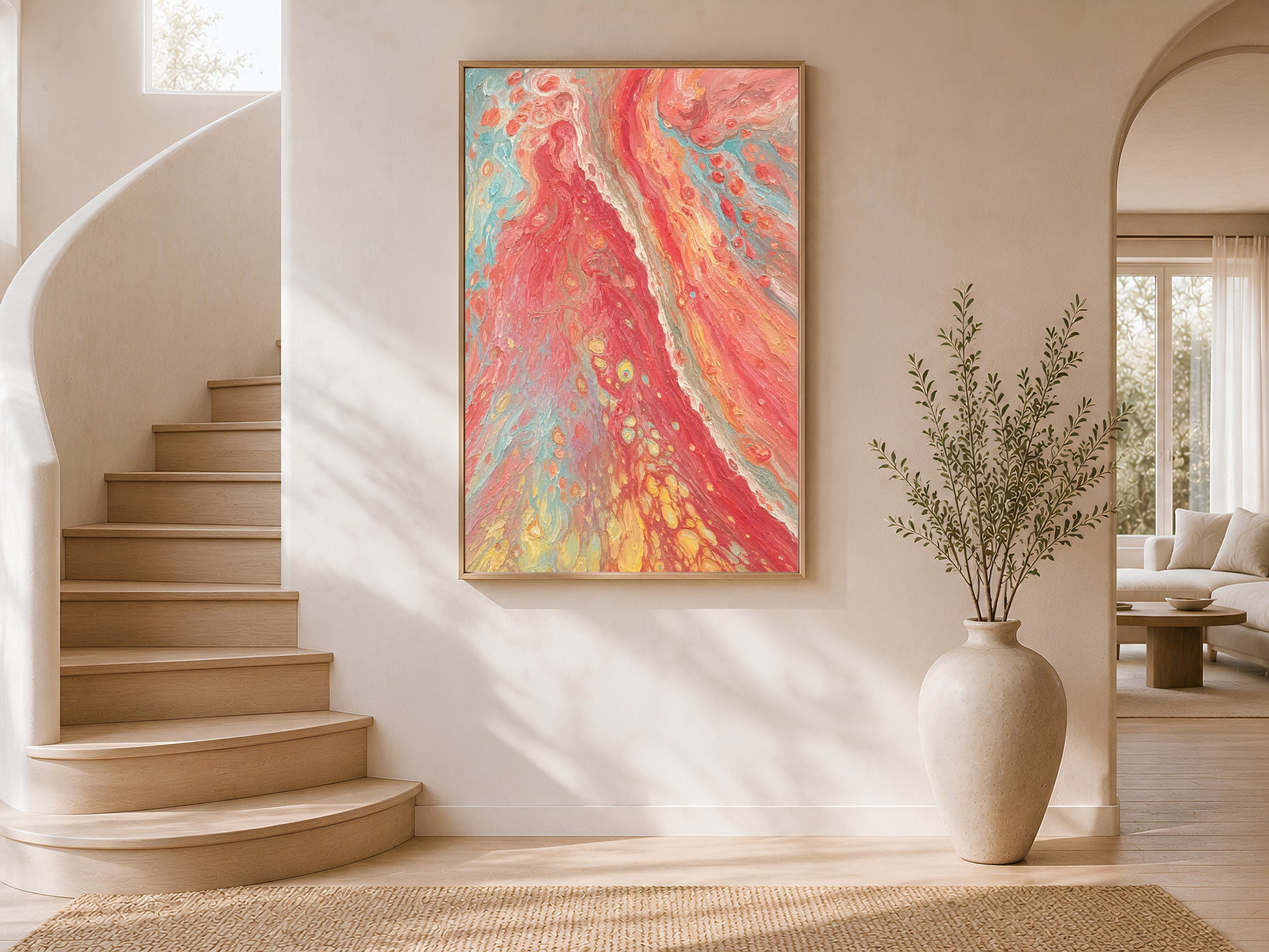 Coral red abstract swirl wall art in gold frame on staircase landing wall with arched window and warm shadows
