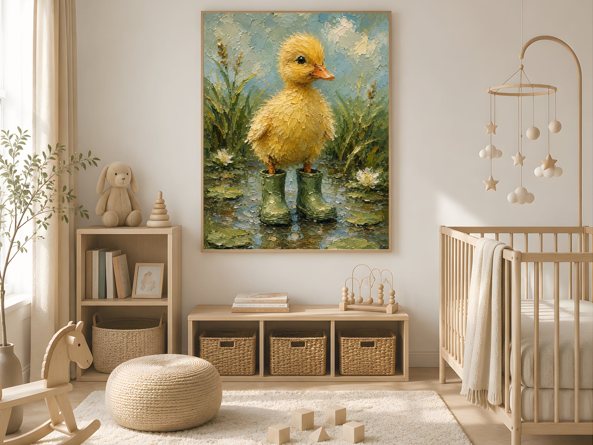 Duckling wall art in a wood frame displayed in a serene nursery with a wooden crib, soft mobile, woven baskets, and warm neutral tones