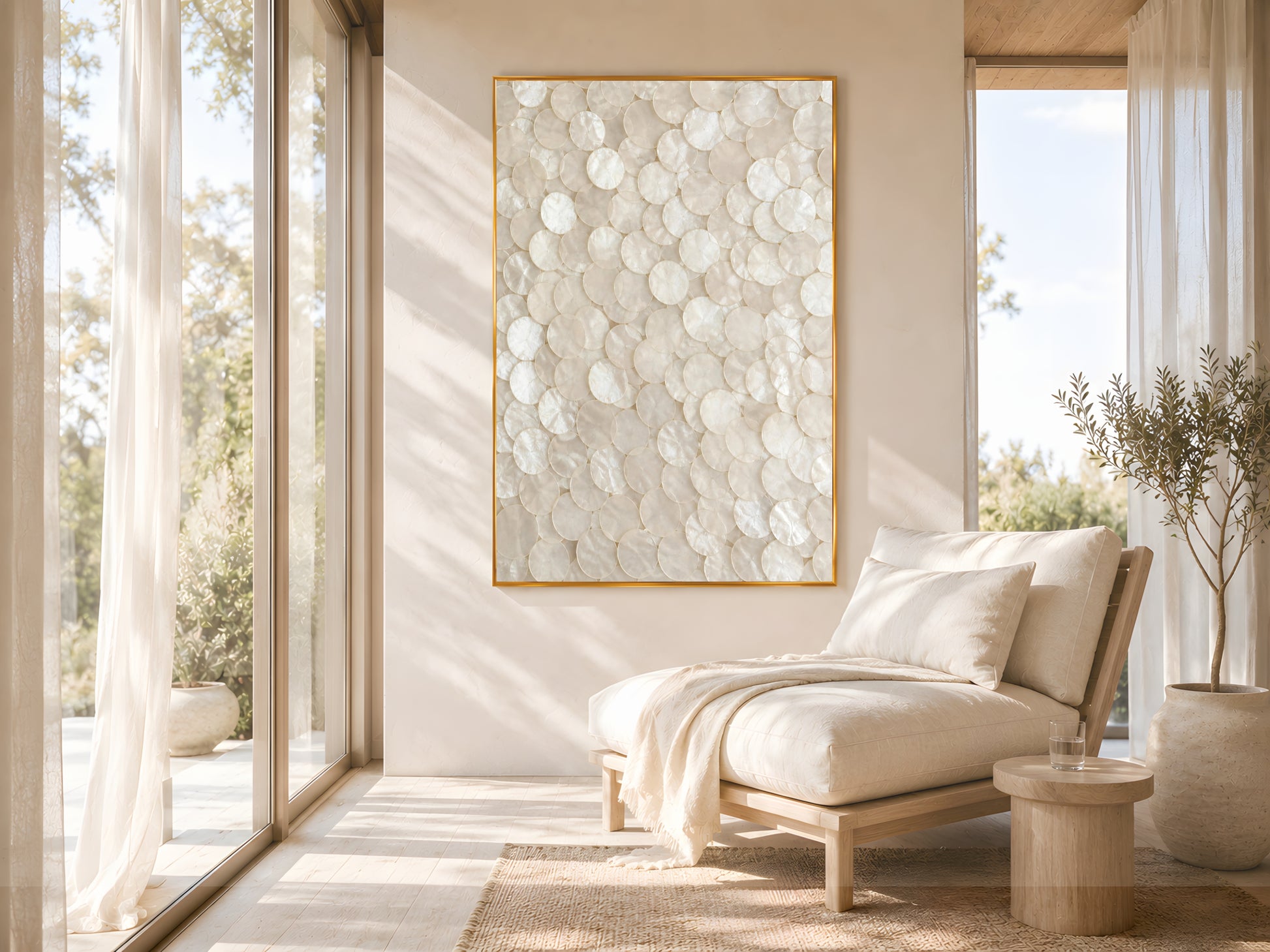 Capiz shell ivory abstract print in gold frame beside floor-to-ceiling windows in bright Mediterranean living room with cream ottoman and natural light
