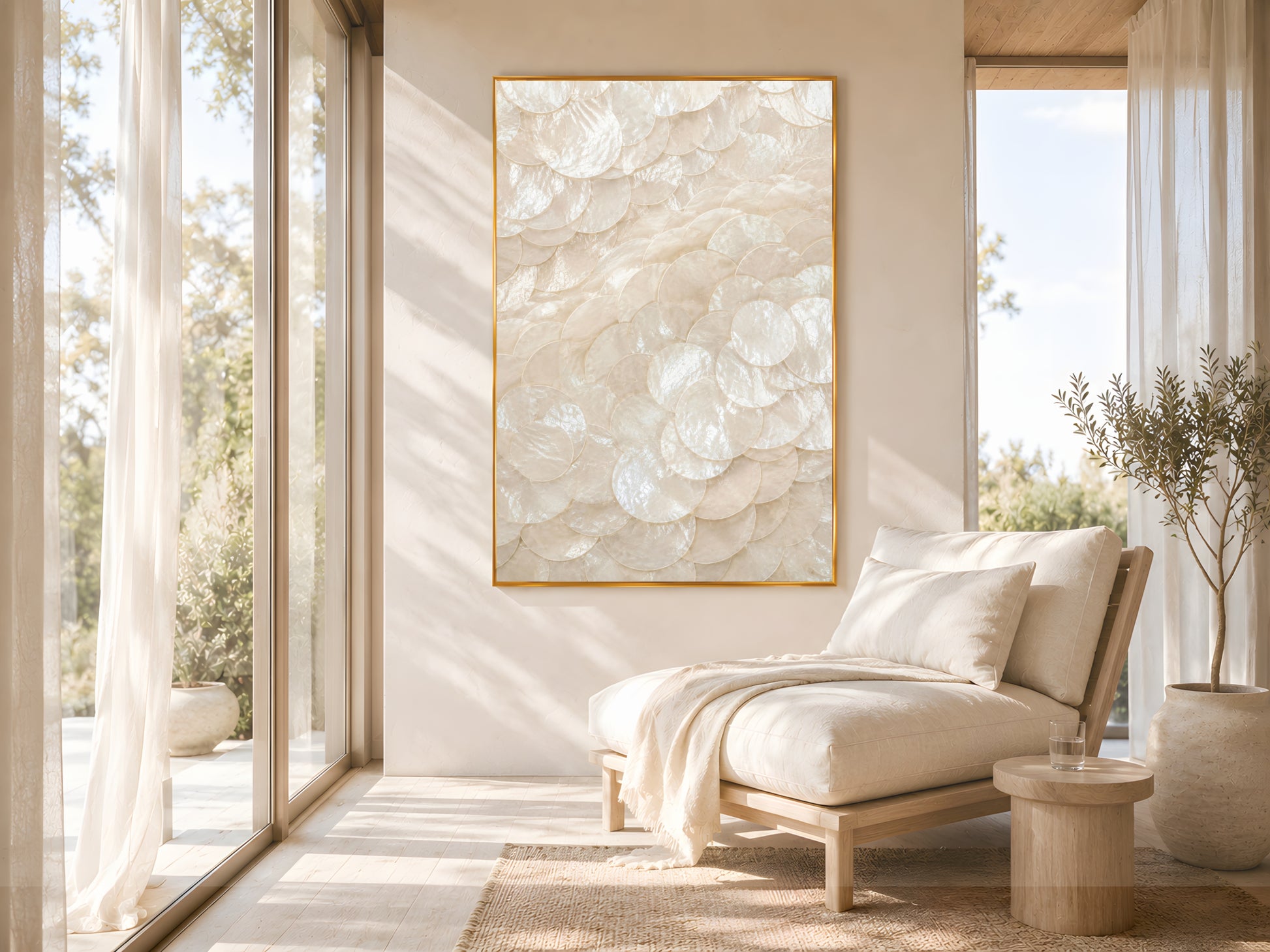 Large capiz shell spiral wall art in gold frame beside floor-to-ceiling windows in bright Mediterranean living room with linen daybed and warm natural light
