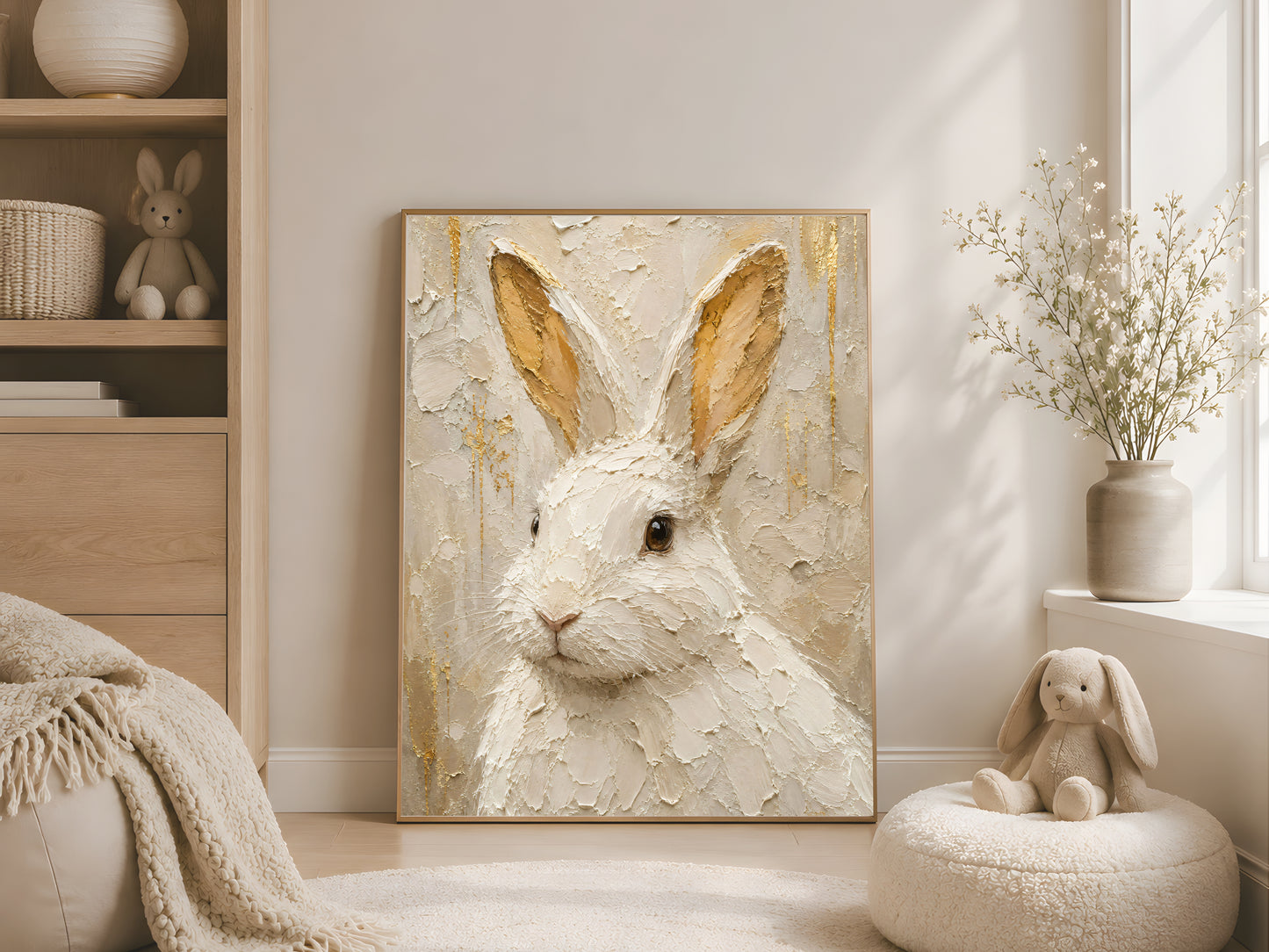 White rabbit impasto print in a wood frame displayed in a bright minimalist bedroom or vanity area with warm neutral tones, plush bunny toy, and soft natural light