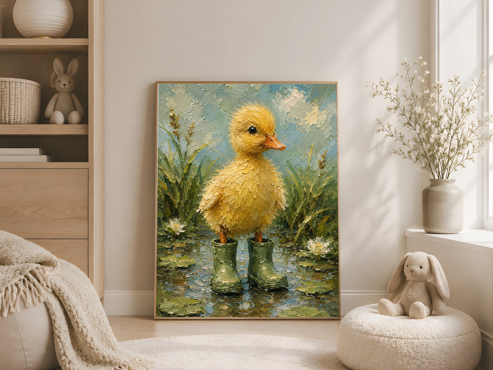Duckling in rain boots impasto print in a thin wood frame displayed in a cozy reading nook with a soft throw blanket, plush bunny toy, and warm neutral decor
