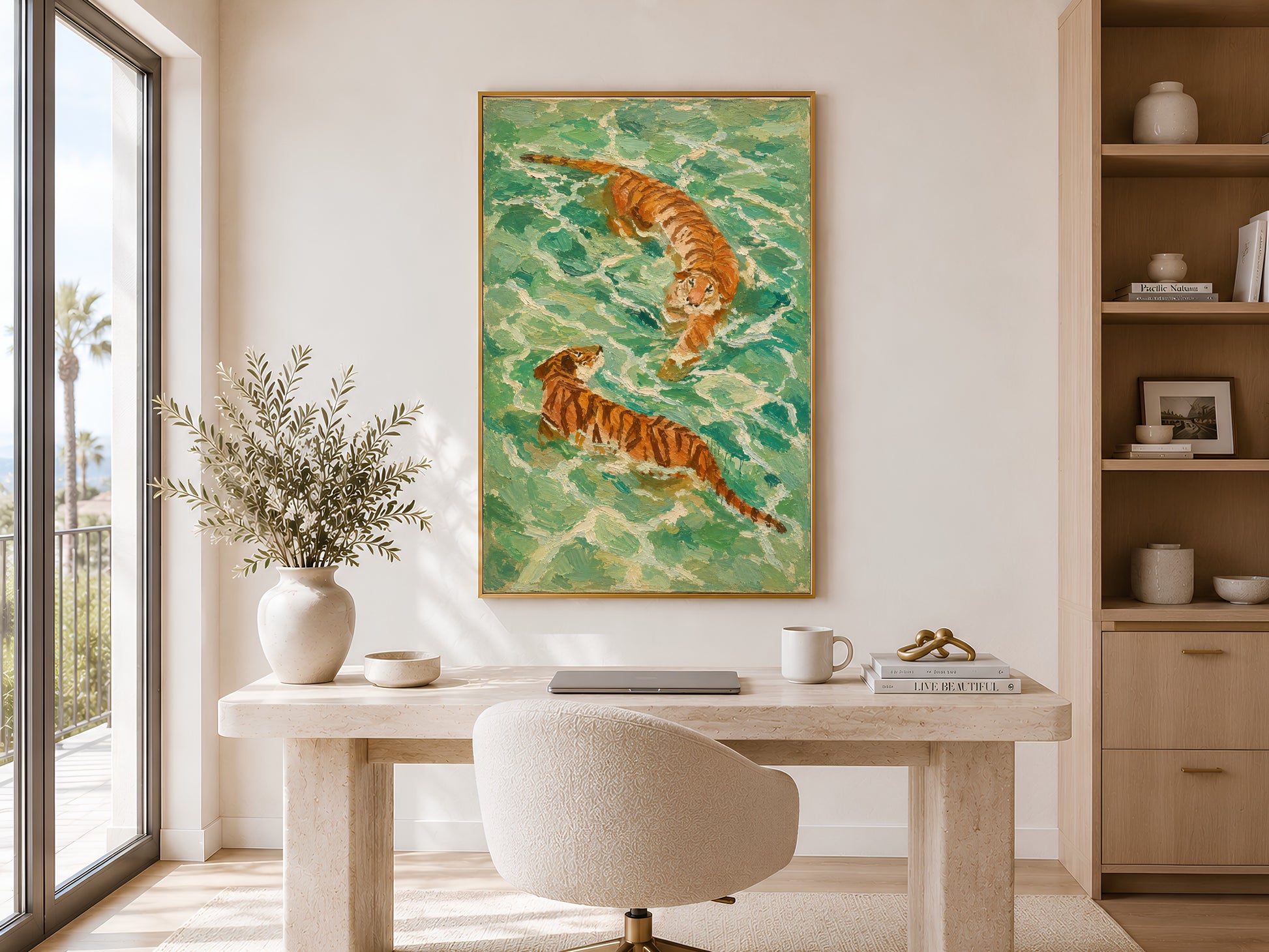 Framed swimming tigers print in a bright home office with warm wood shelving, a round cream table, and floor-to-ceiling windows with natural light
