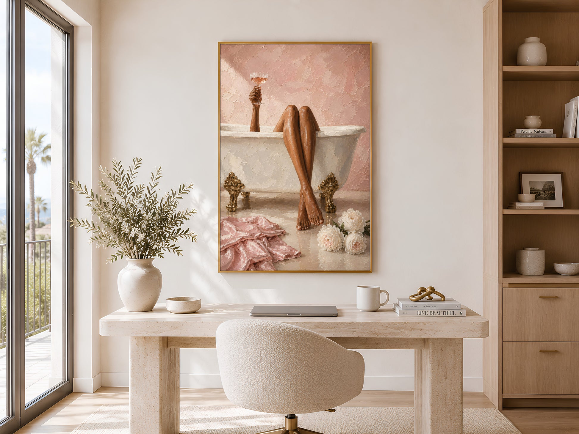Framed pink bathtub wall art displayed beside a large arched window in a soft feminine home office nook with a cream desk, neutral vase, and warm accessories