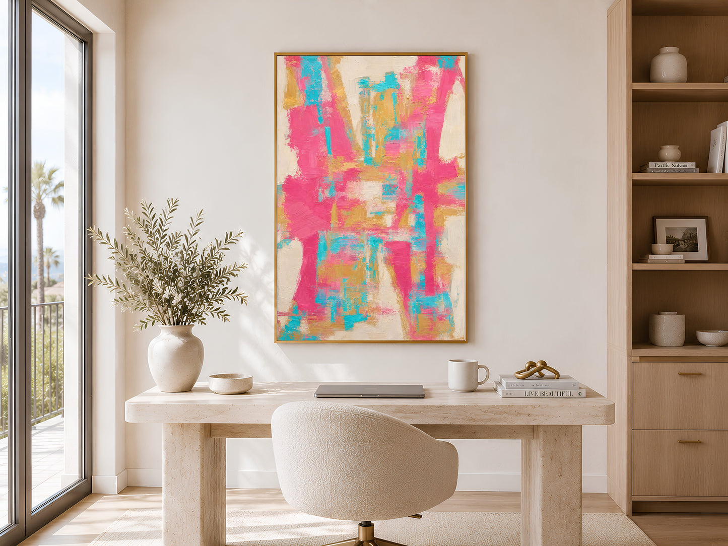 Framed bold abstract pink teal and gold art print in a bright modern home office with built-in shelving and white desk
