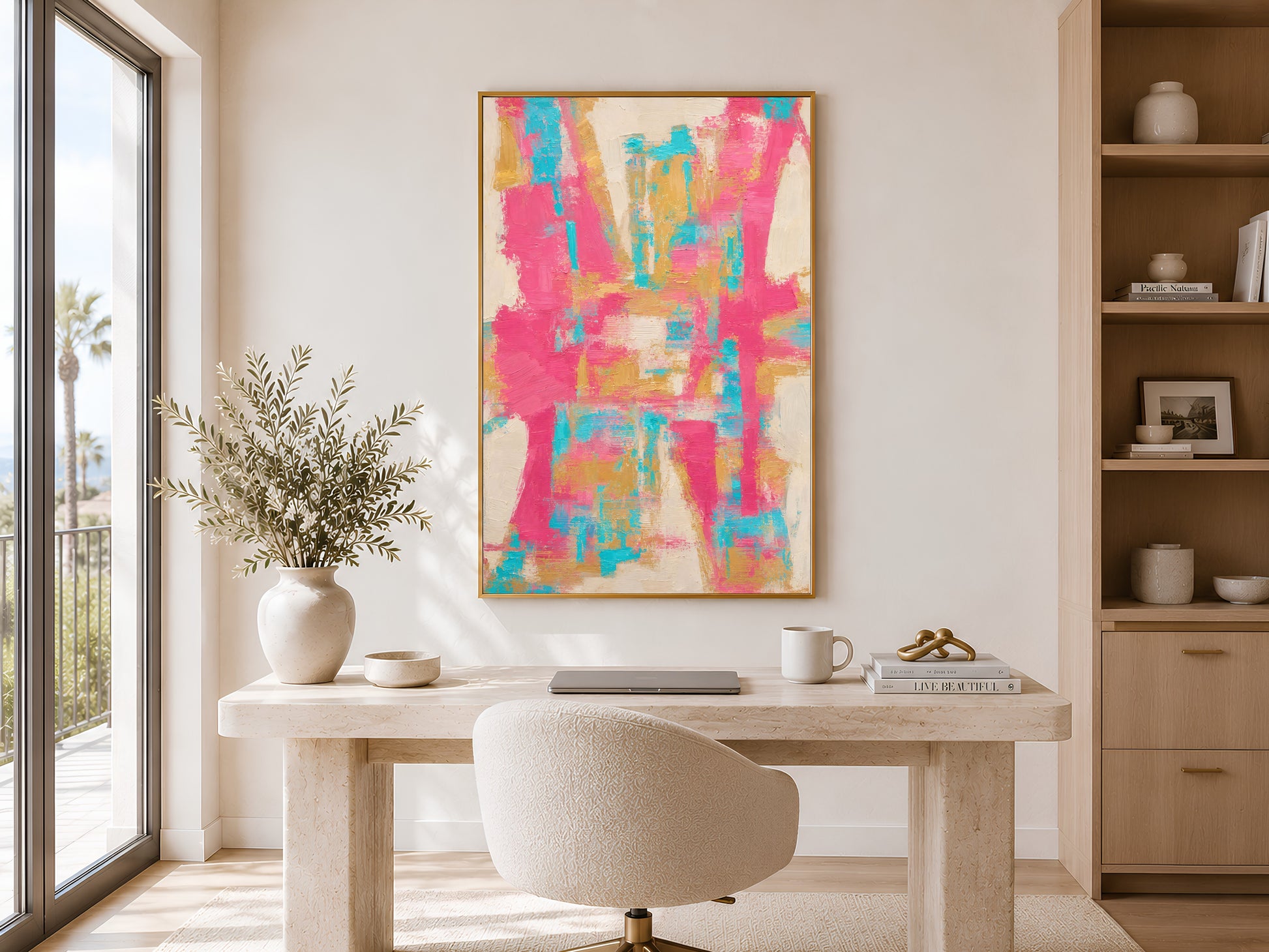 Framed bold abstract pink teal and gold art print in a bright modern home office with built-in shelving and white desk
