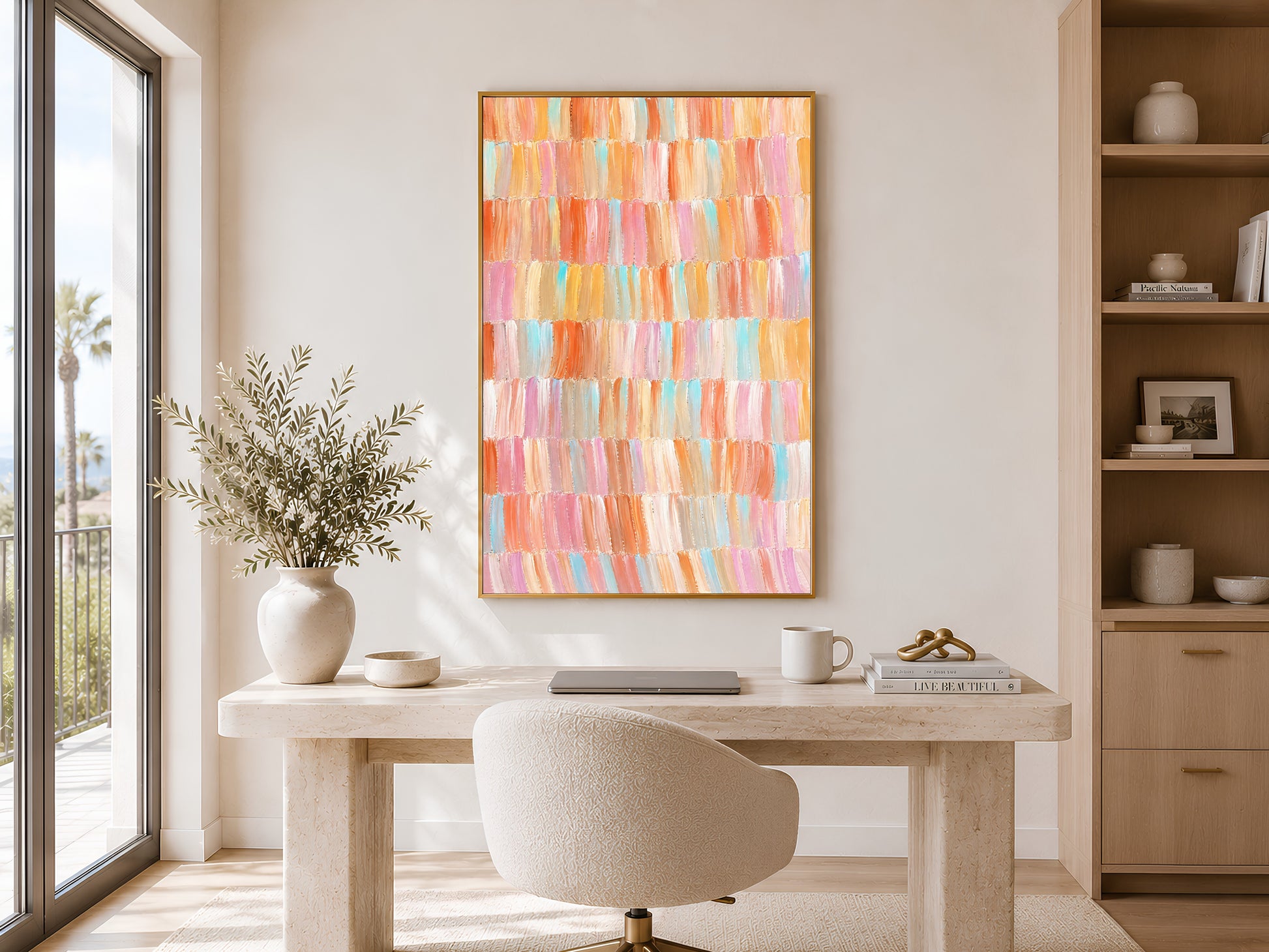 Framed colorful abstract mosaic brushstroke print in a bright Scandinavian home office with white desk and neutral decor
