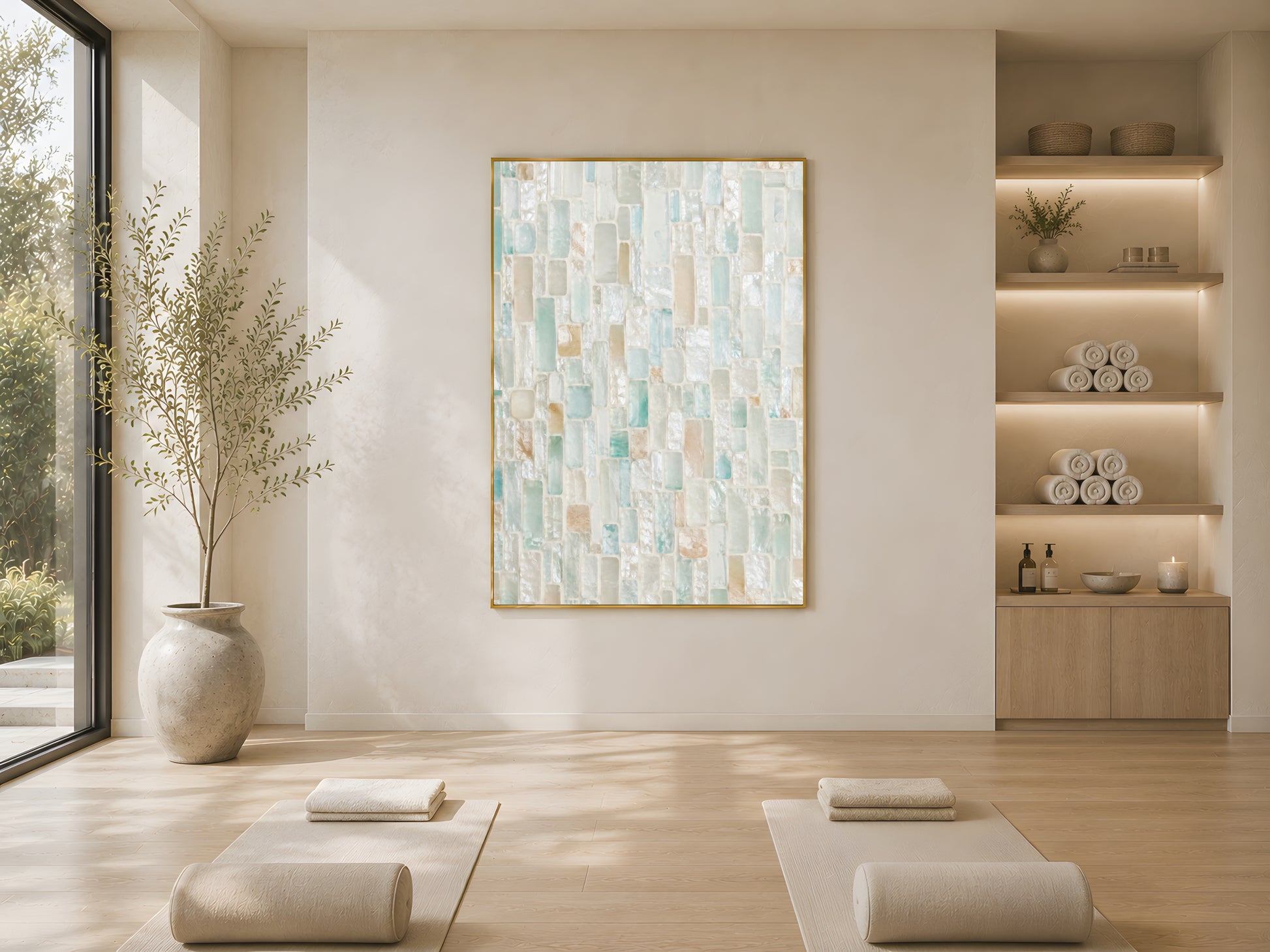 Sea glass mosaic wall art in gold frame above wooden credenza in bright minimalist living room with large window and dried botanicals
