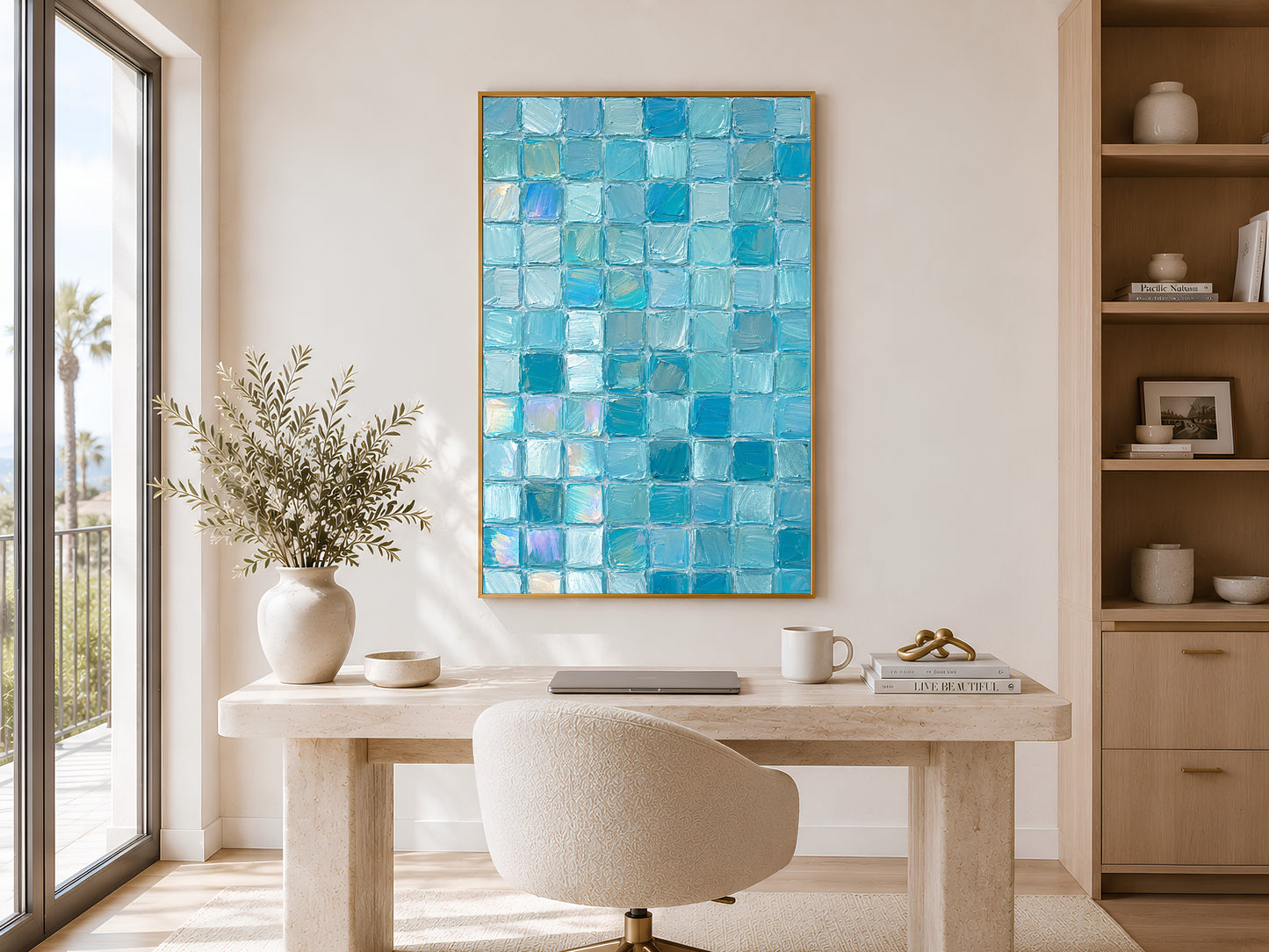 Turquoise aqua mosaic tile print in gold frame in bright home office above white desk with shelving and plant
