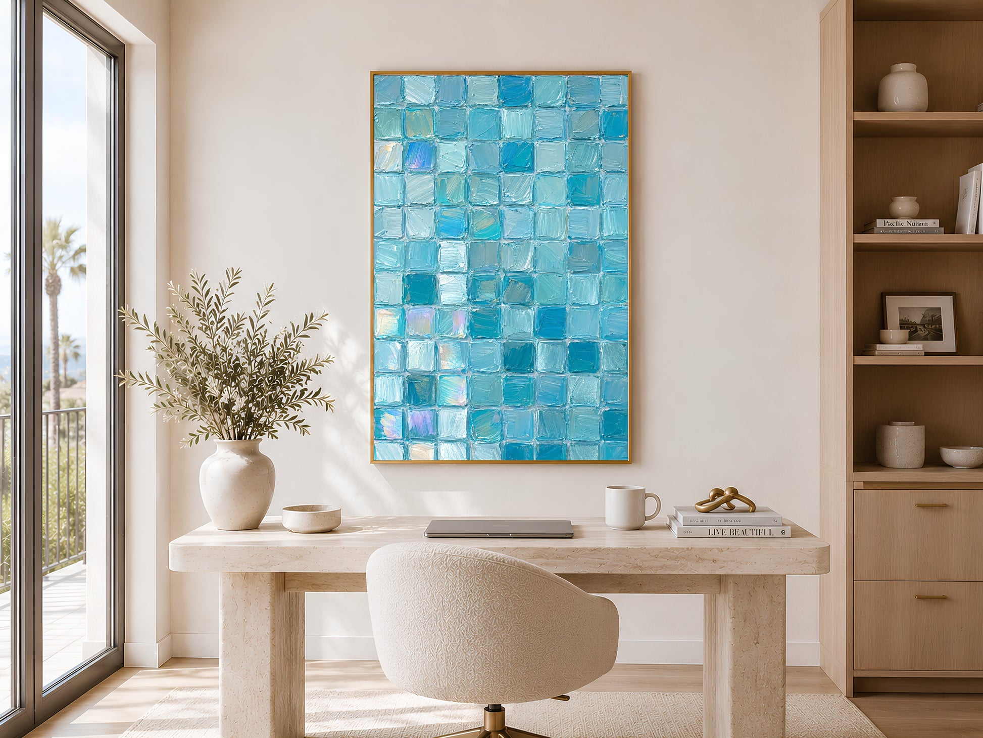 Turquoise aqua mosaic tile print in gold frame in bright home office above white desk with shelving and plant
