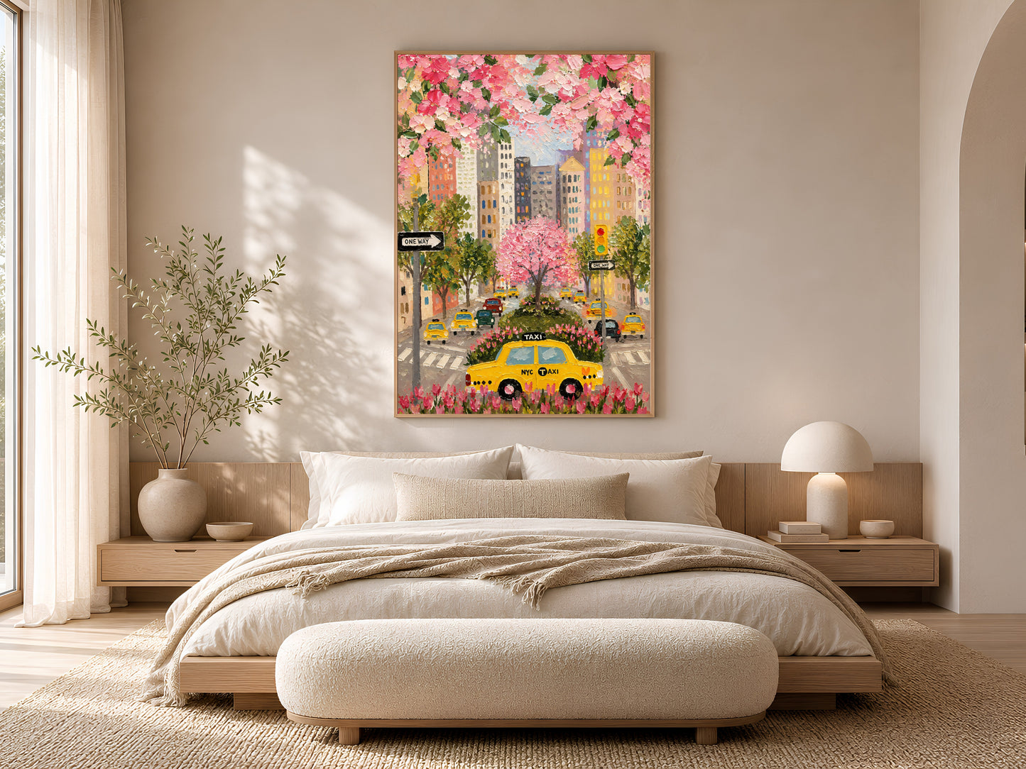 NYC taxi cherry blossom wall art in gold frame above white bed in calm neutral bedroom with soft natural light

