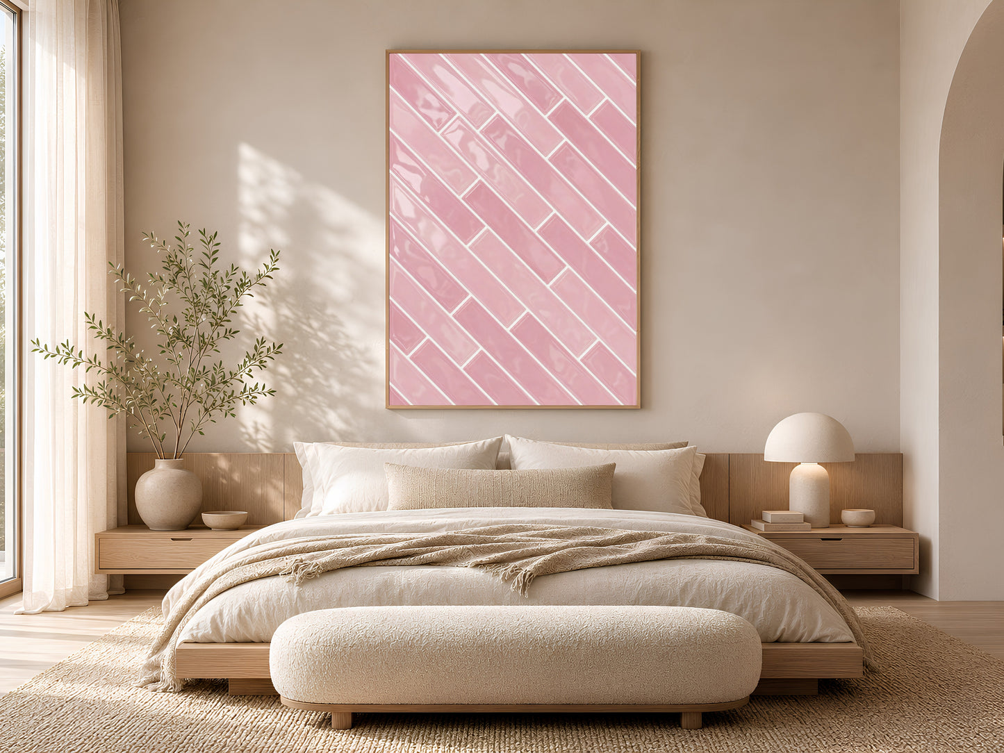 Pink herringbone tile wall art print in a gold frame above a low platform bed with cream linen bedding and warm neutral bedroom decor
