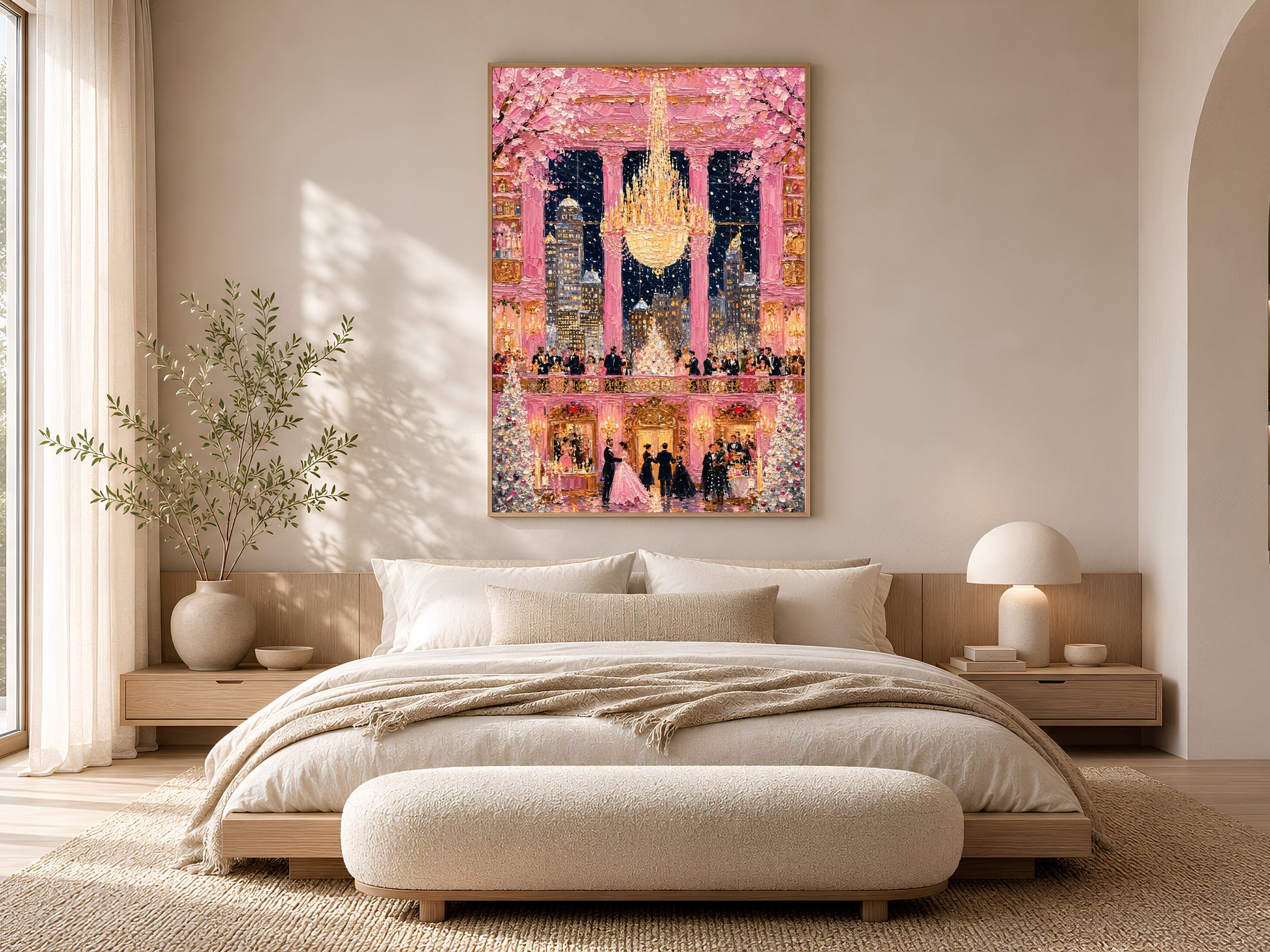Pink ballroom chandelier gala print in gold frame above low platform bed in calm neutral bedroom with soft lighting
