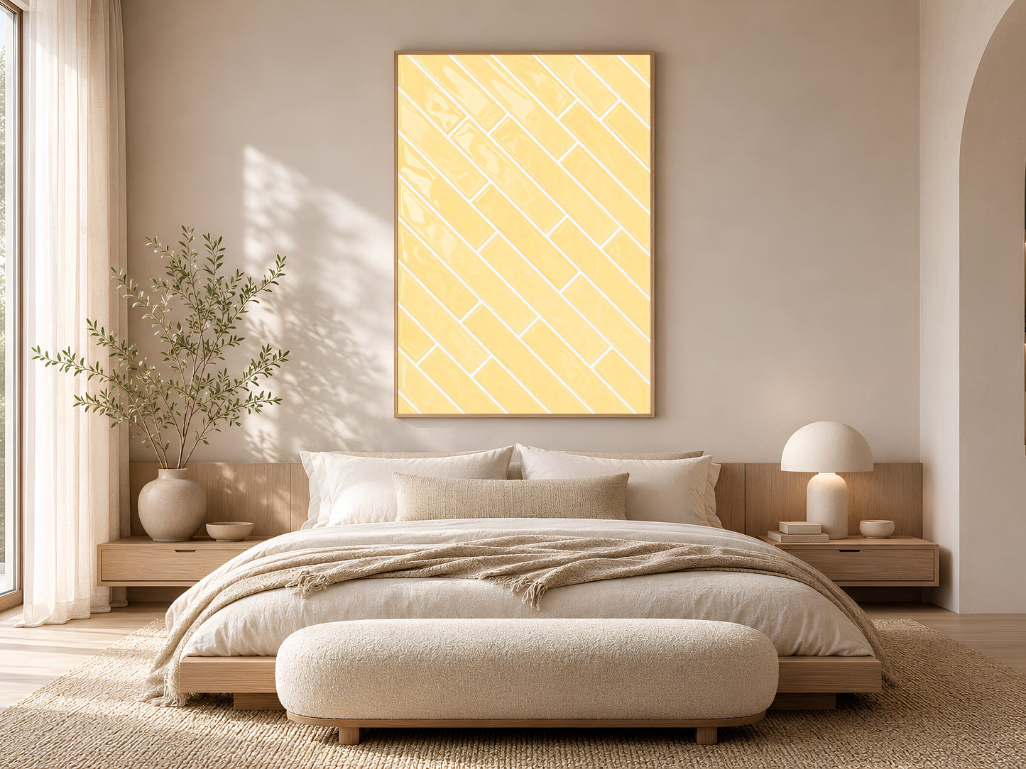 Framed yellow herringbone tile wall art displayed above a low platform bed in a calm Japandi bedroom with linen bedding, round ottoman, and dried botanicals