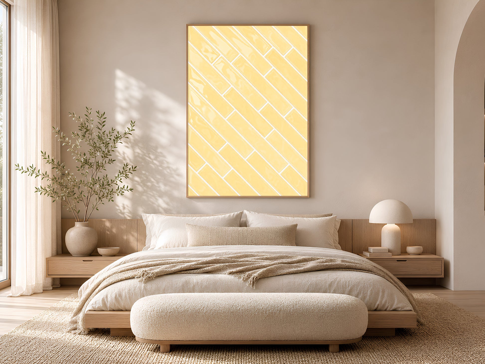 Framed yellow herringbone tile wall art displayed above a low platform bed in a calm Japandi bedroom with linen bedding, round ottoman, and dried botanicals