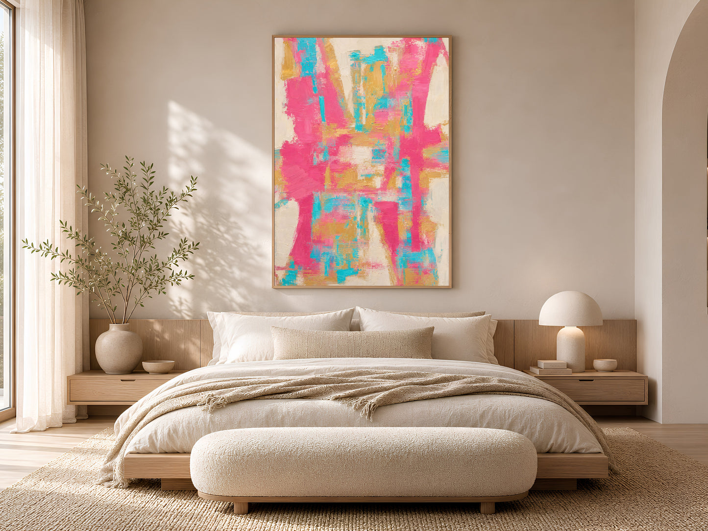 Framed hot pink and teal abstract wall art above a low platform bed in a warm neutral minimalist bedroom
