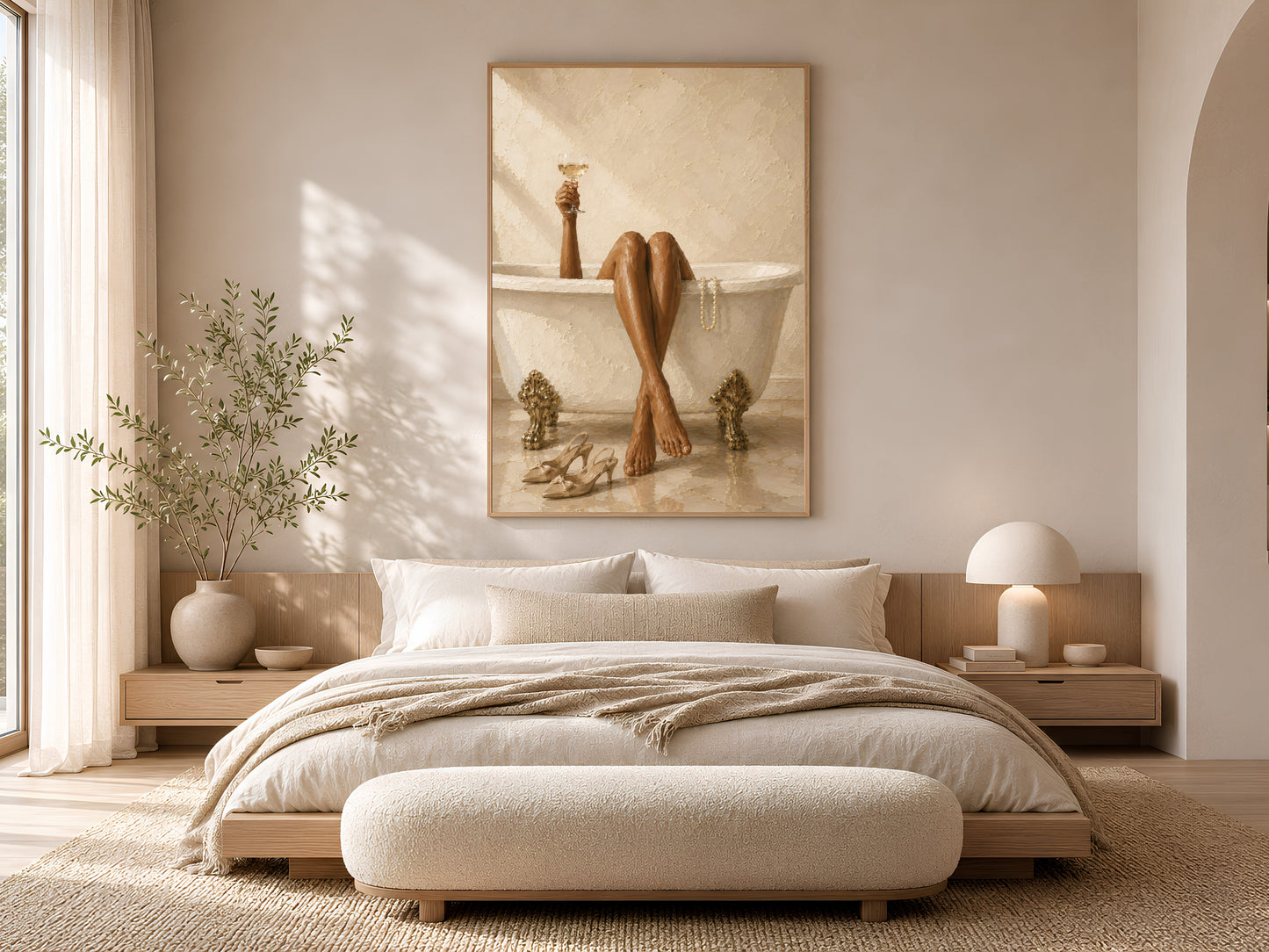 Luxury bath wall art in a gold frame hanging above a low platform bed in a calm Japandi bedroom with linen bedding and soft neutral tones