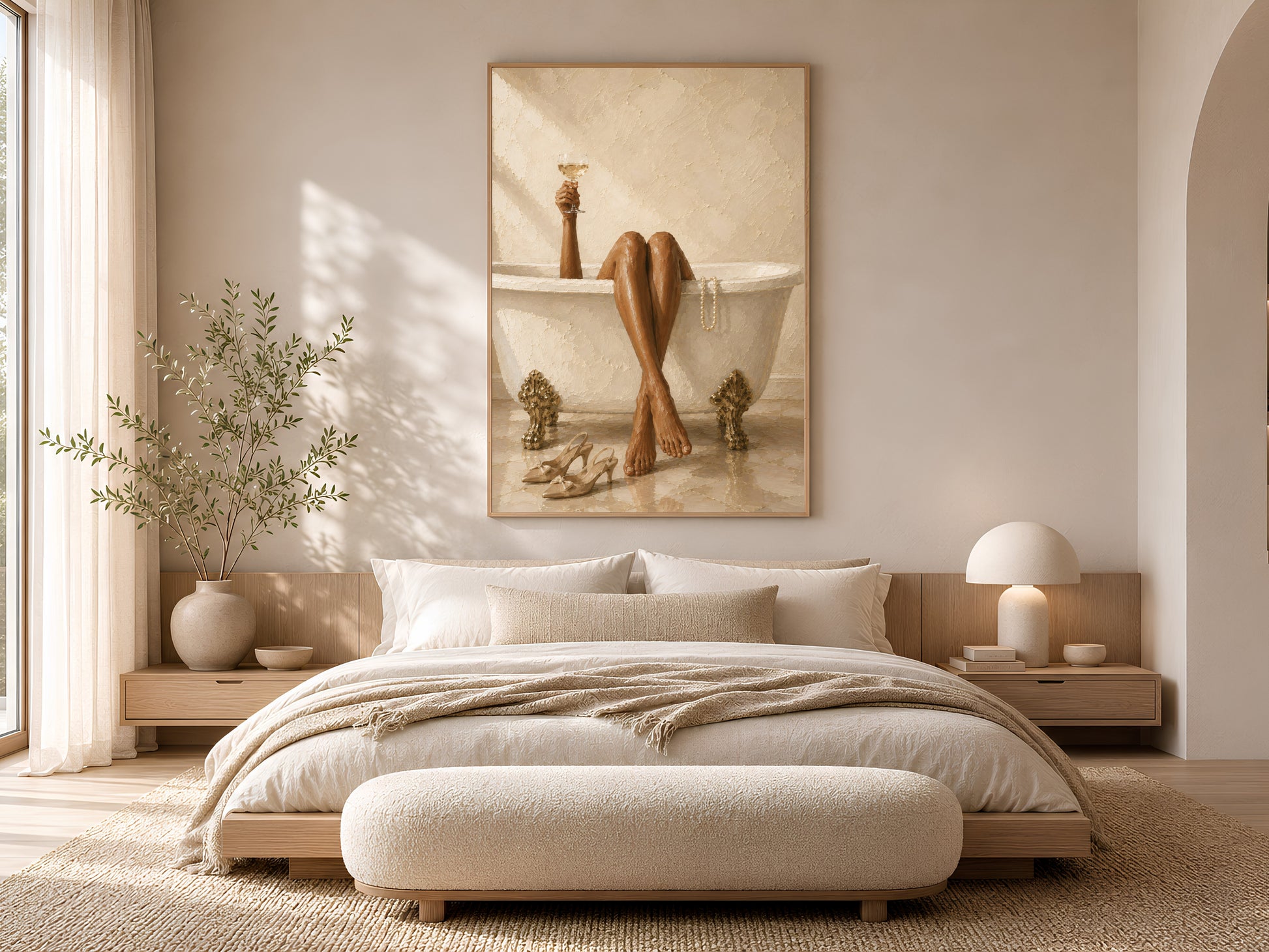Luxury bath wall art in a gold frame hanging above a low platform bed in a calm Japandi bedroom with linen bedding and soft neutral tones
