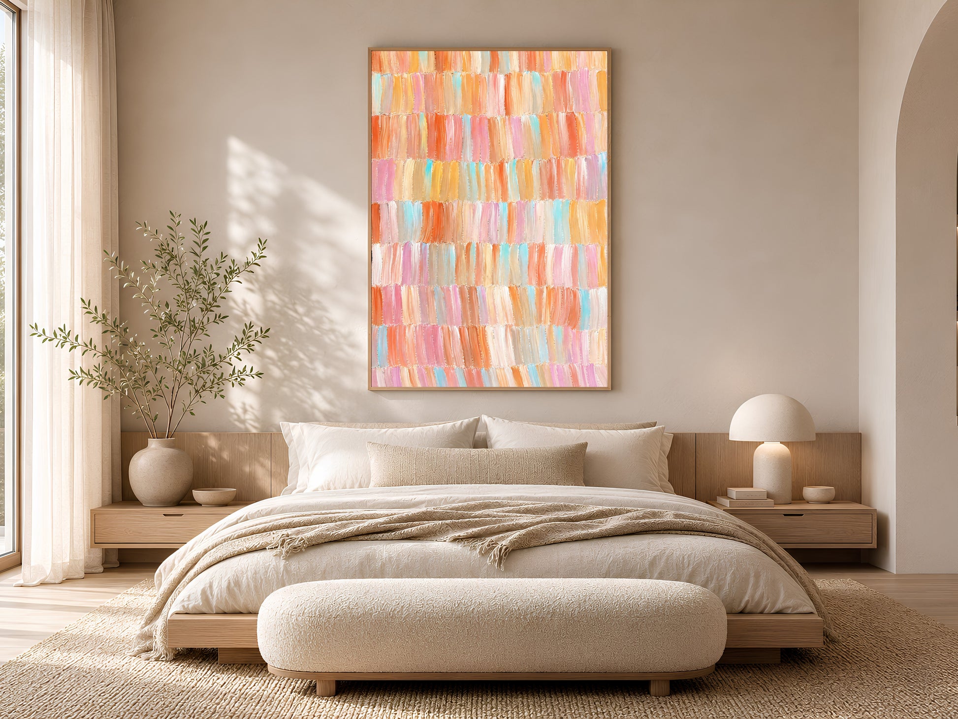 Framed colorful brushstroke abstract art above a low platform bed in a warm minimal neutral bedroom with soft morning light