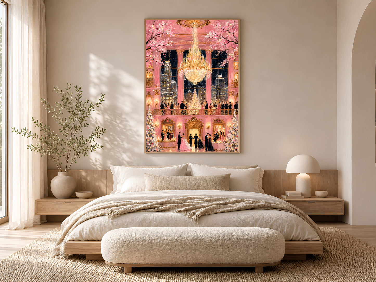 Pink fairytale ballroom chandelier wall art in gold frame above white bed in calm neutral bedroom with soft lighting

