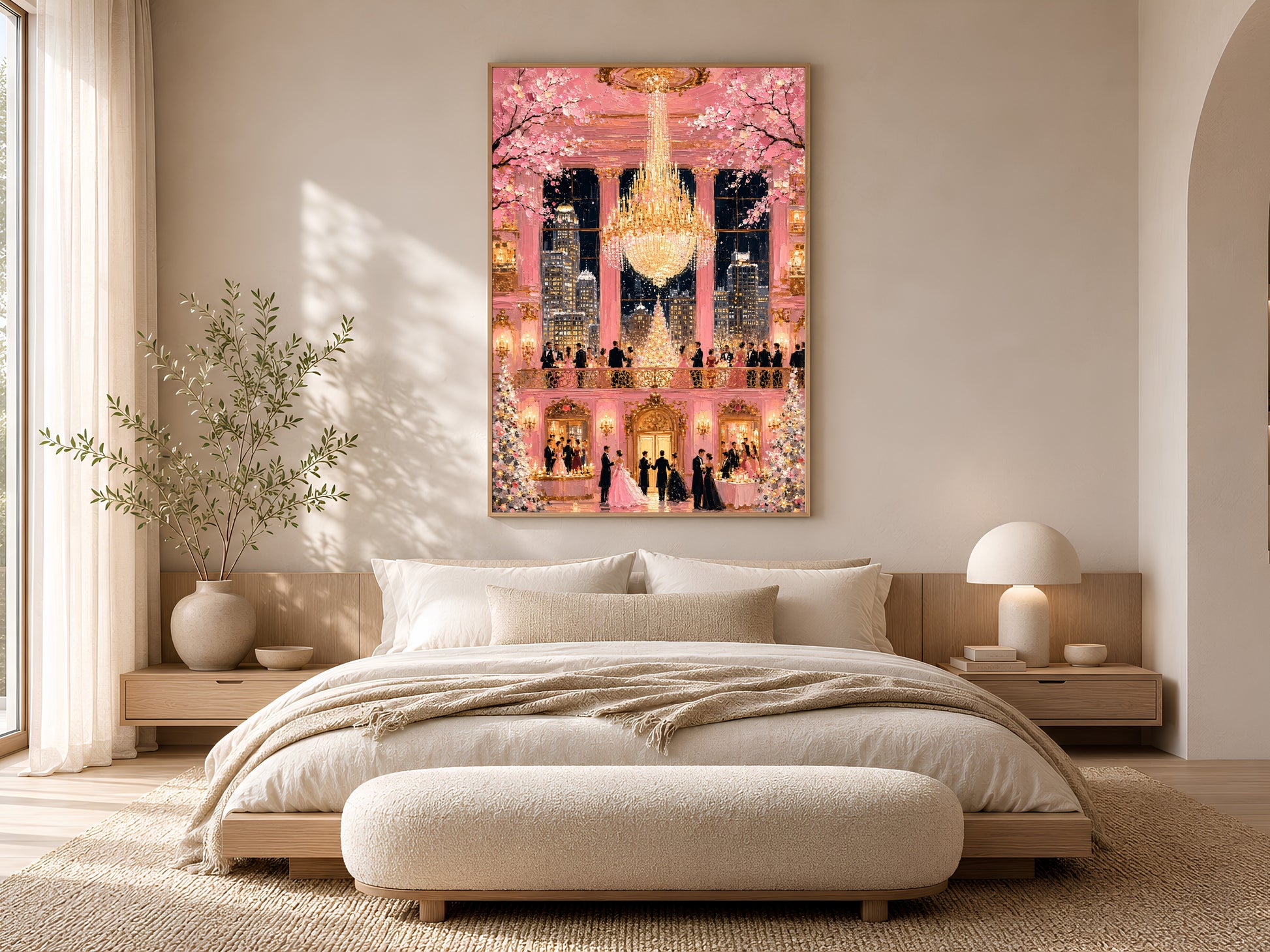 Pink fairytale ballroom chandelier wall art in gold frame above white bed in calm neutral bedroom with soft lighting

