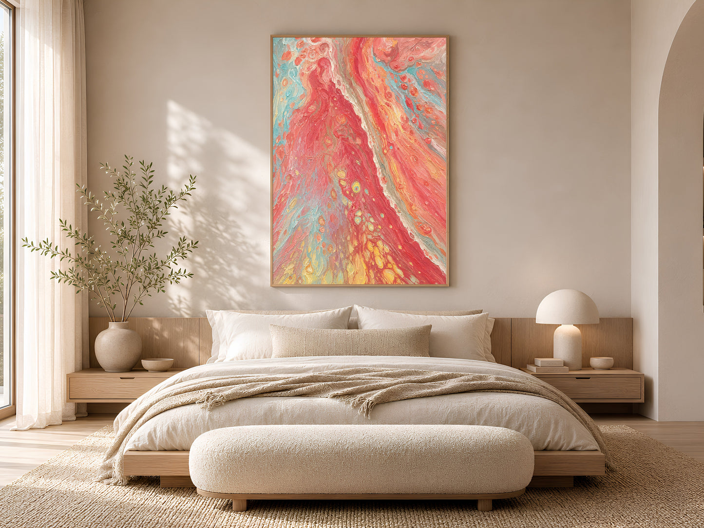 Coral red abstract swirl print in gold frame above low platform bed in warm neutral bedroom with soft lighting
