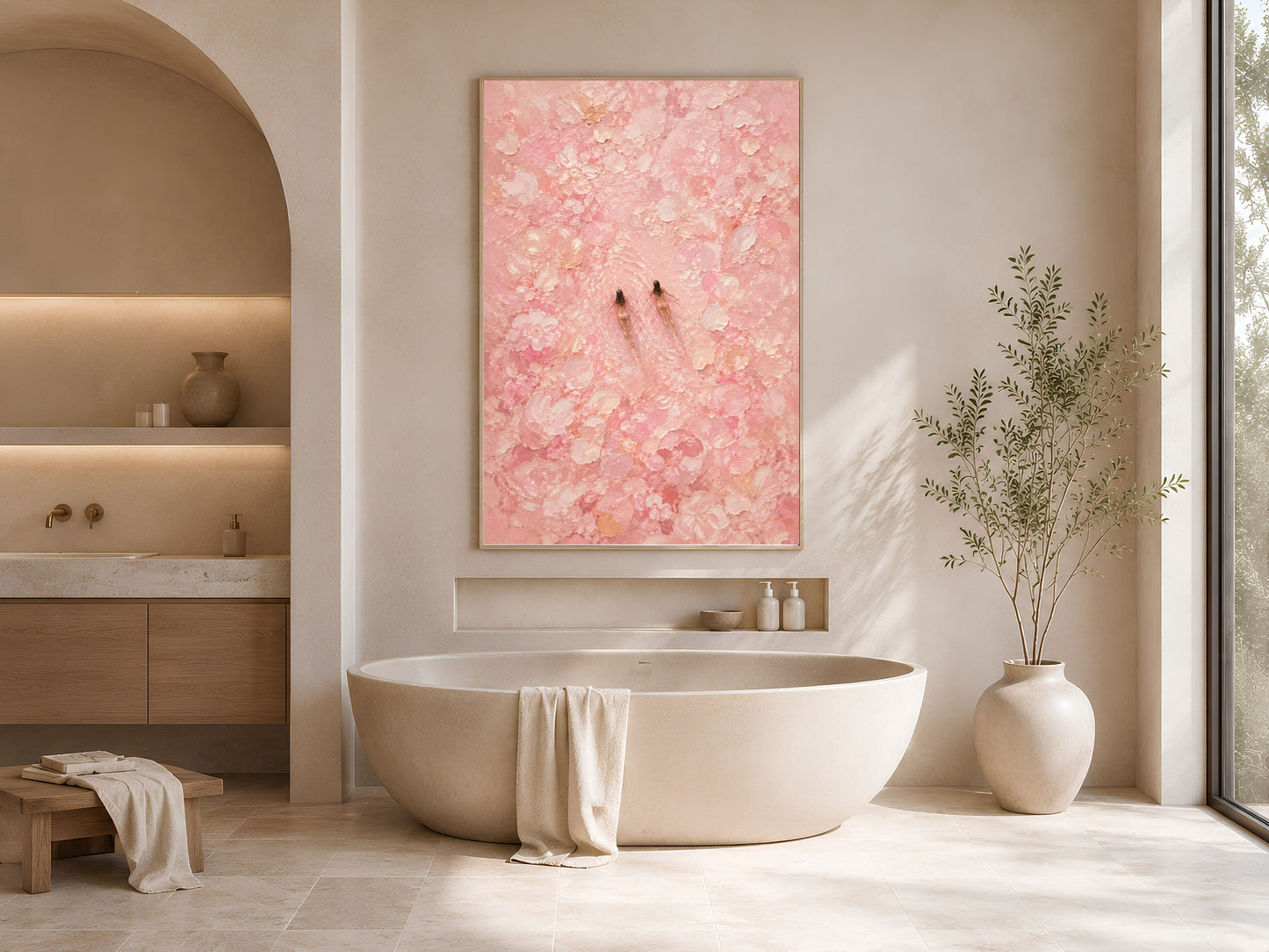 Framed pink cherry blossom swimmers print in a soft neutral bathroom with an arched window, freestanding bathtub, and folded white towels
