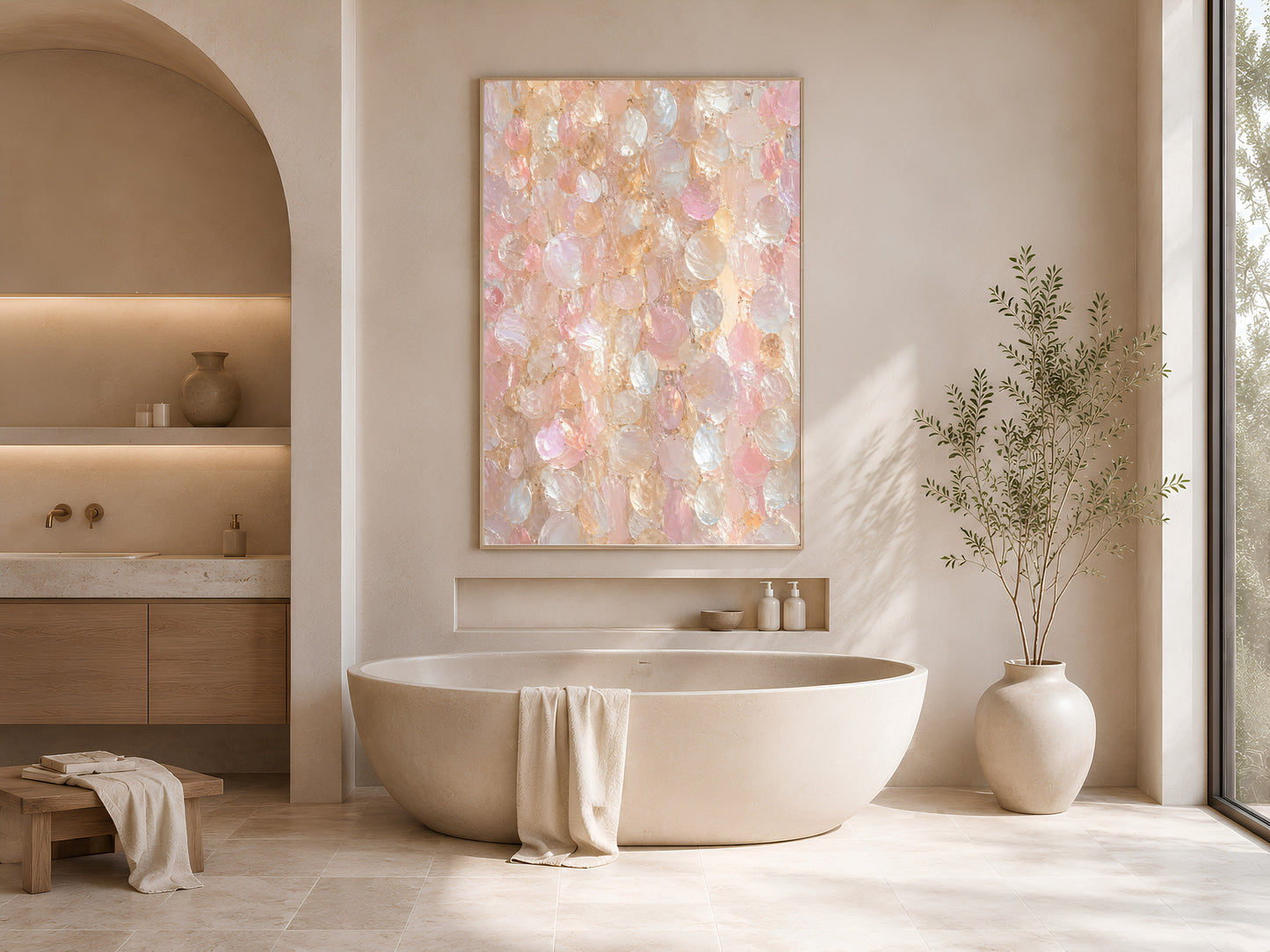 Capiz shell wall art print in a gold frame on the wall of a minimal spa bathroom with a freestanding white bathtub and stone floor
