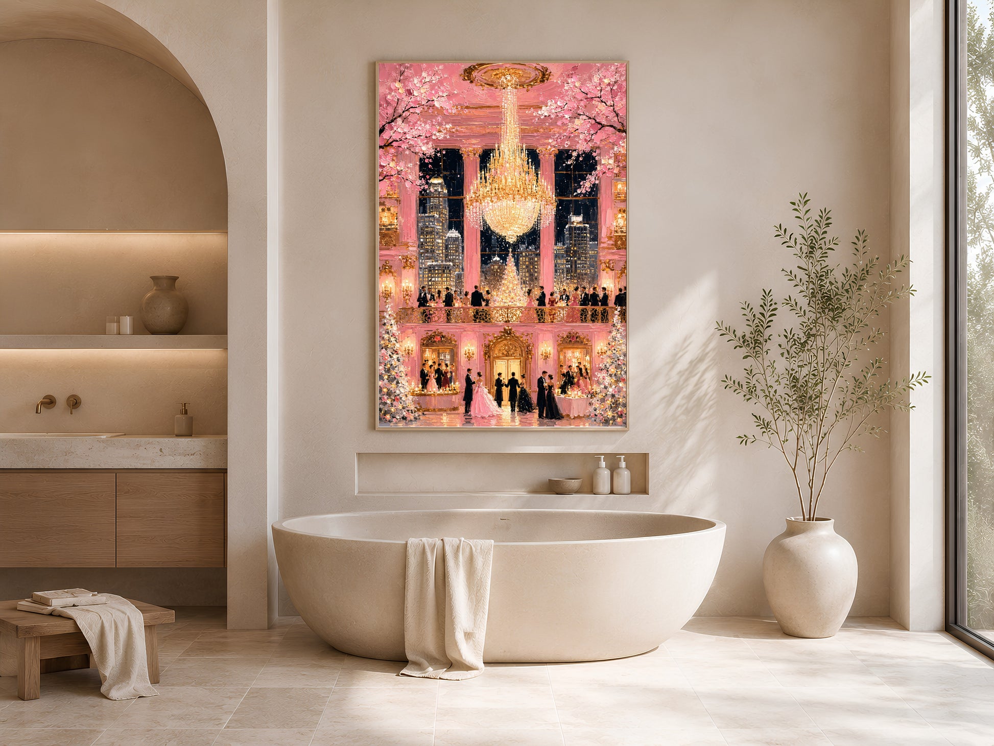 Pink fairytale ballroom chandelier print in gold frame beside freestanding bathtub in bright neutral bathroom with vase

