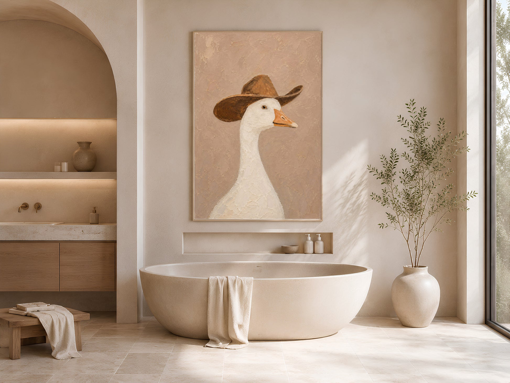 Framed neutral cowboy goose print in a soft bathroom with an arched window, freestanding bathtub, and white ceramic floor vases
