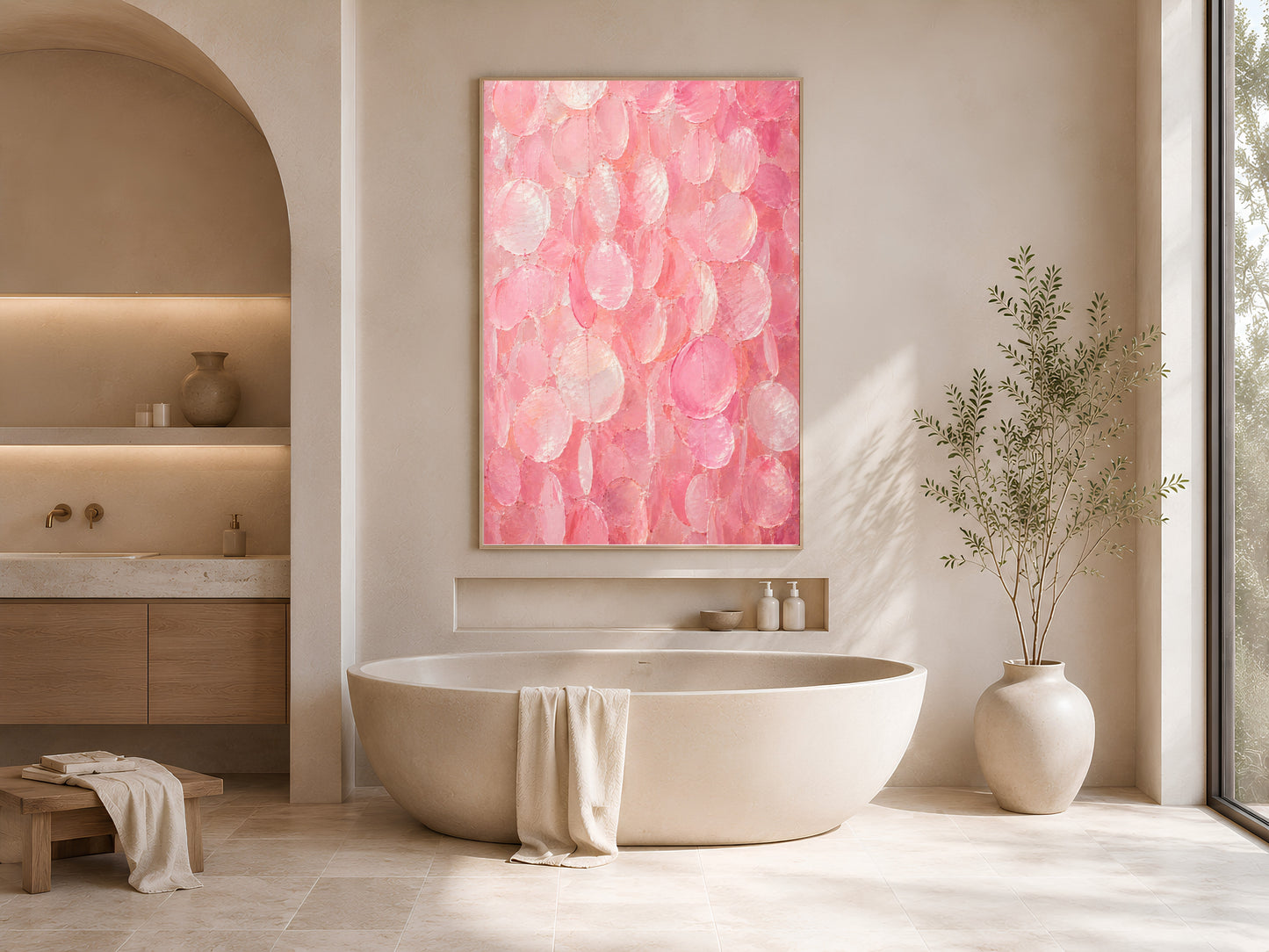 Pink capiz shell wall art print in a gold frame on the wall of a minimal spa bathroom with a freestanding white bathtub and arched alcove
