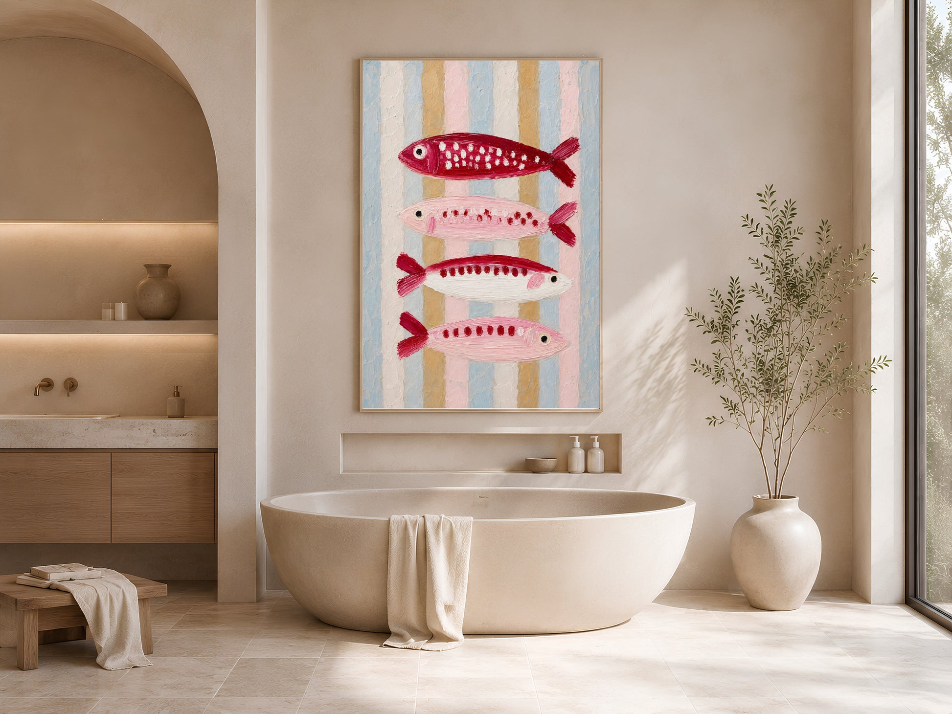 Framed sardine wall art in a soft neutral bathroom with an arched mirror, freestanding bathtub, and folded white towels
