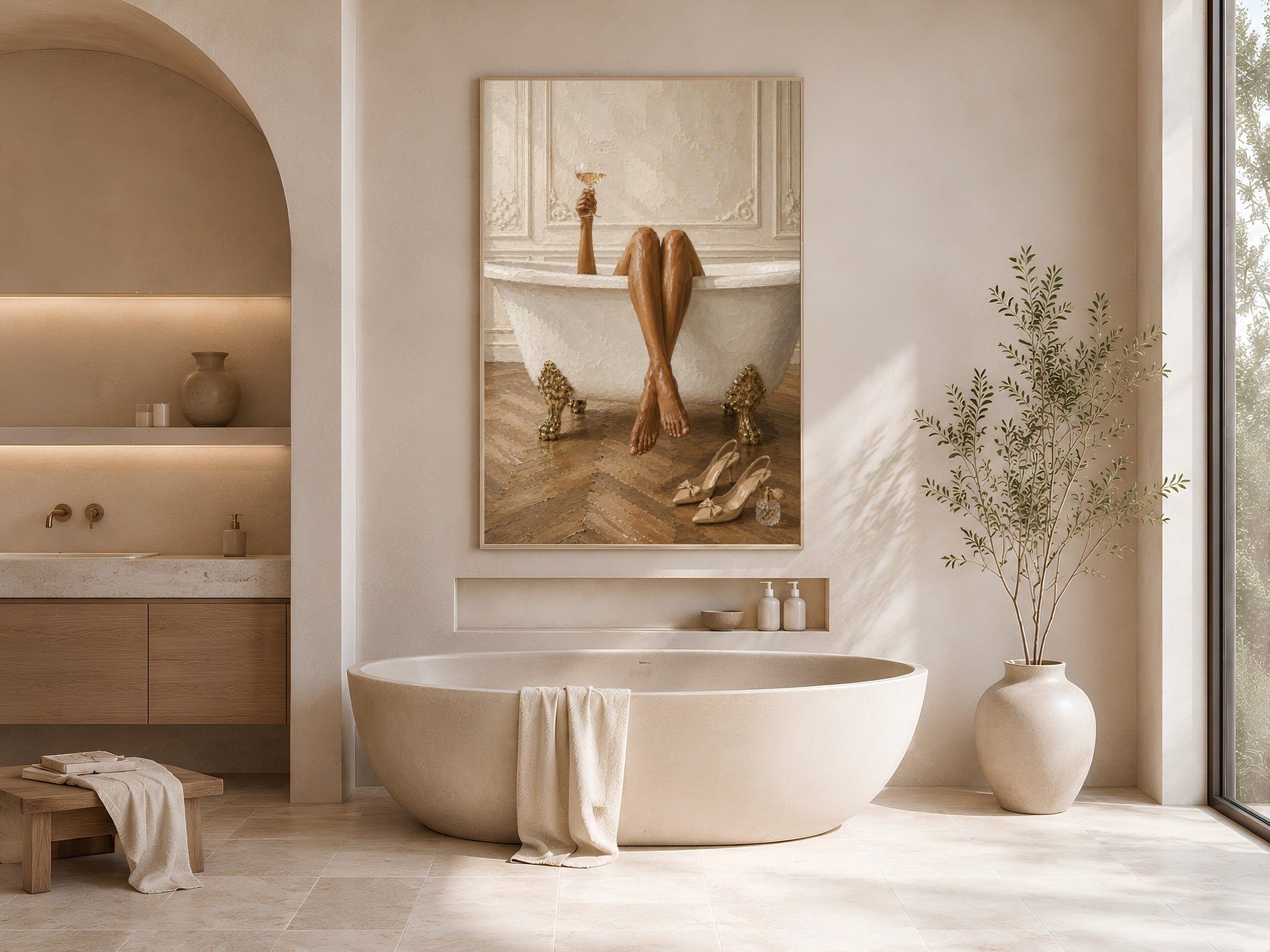 Parisian bathroom wall art in a gold frame displayed in a bright cream spa bathroom with a freestanding soaking tub, rolled towels, and eucalyptus stems in a vase