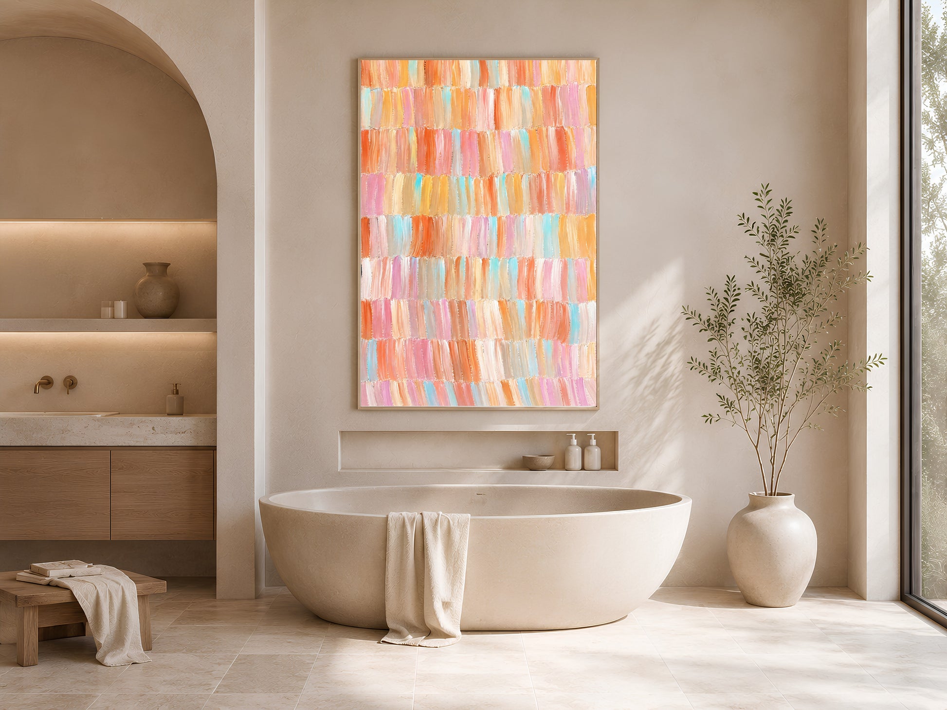 Framed colorful abstract brushstroke mosaic print in a serene neutral bathroom with freestanding tub and arched alcove
