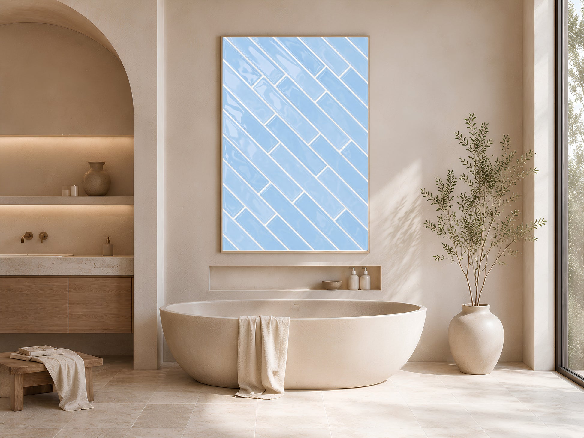 Blue herringbone tile wall art print in a gold frame on the wall of a minimal spa bathroom with a freestanding white bathtub and arched alcove
