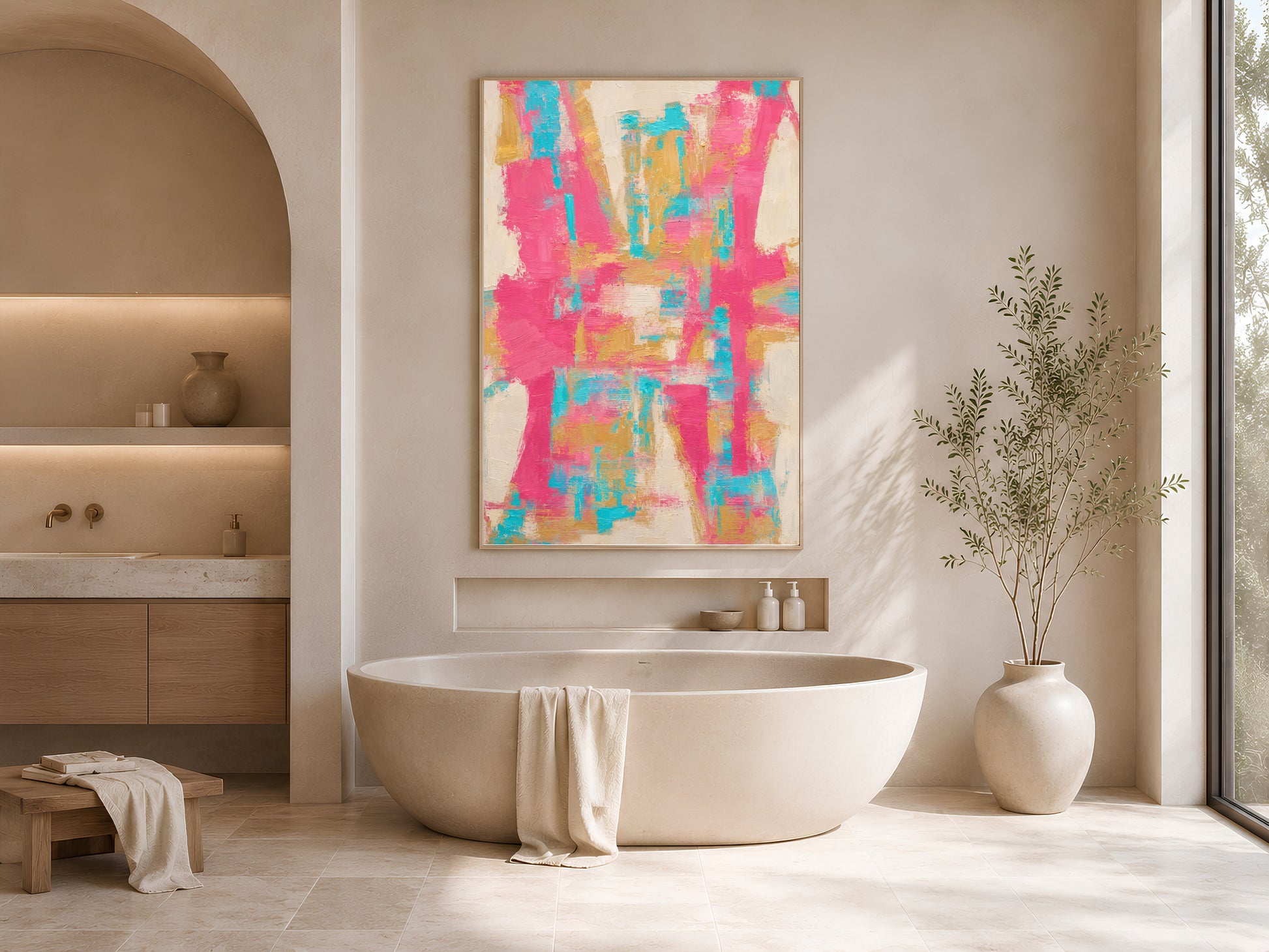Framed bold pink teal and gold abstract impasto print displayed in a neutral spa-like bathroom with freestanding tub and greenery