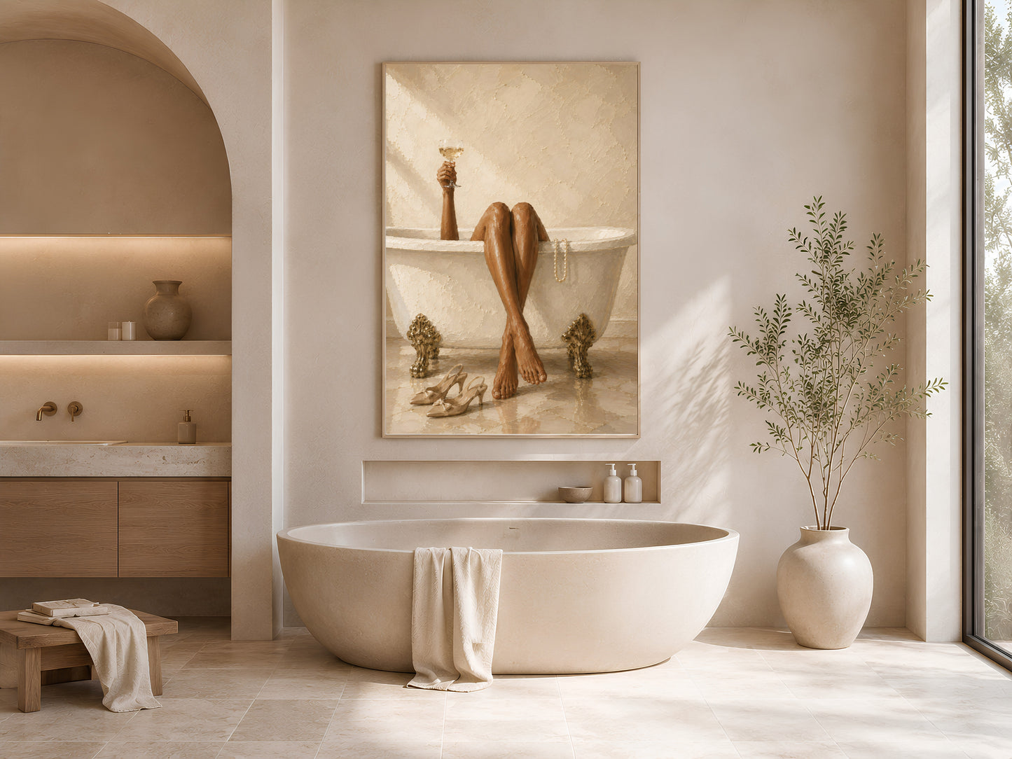 Framed luxury bath print styled in a bright cream bathroom with a freestanding soaking tub, eucalyptus stems, and arched shelving nook