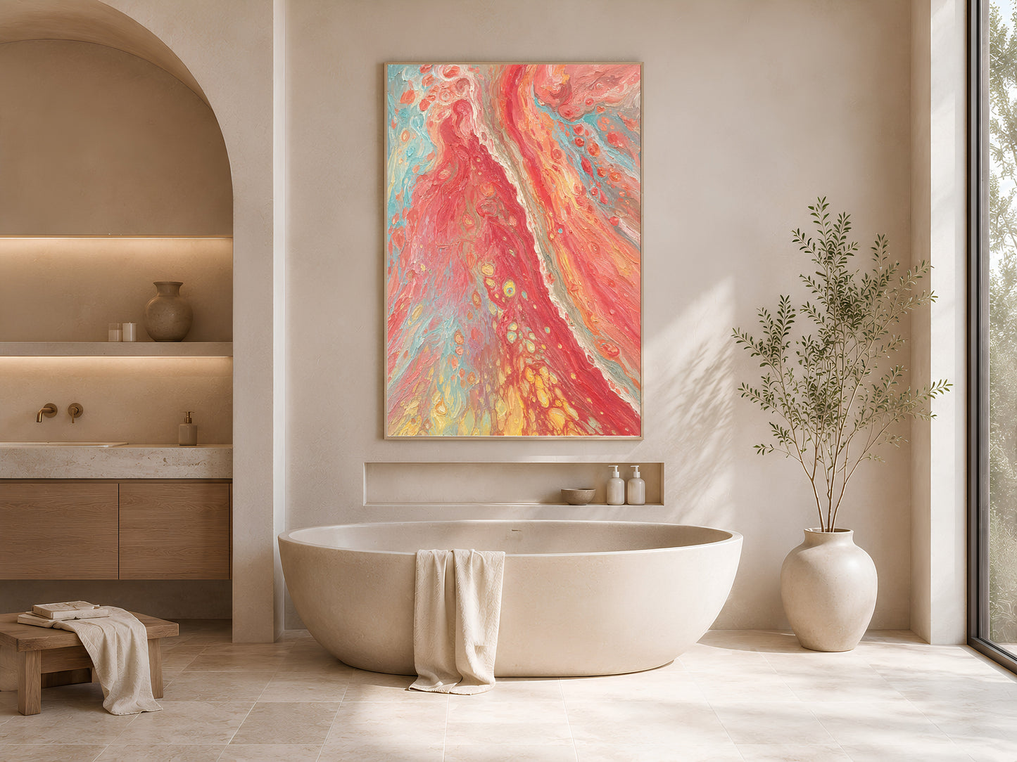 Coral red abstract swirl print in gold frame in bright neutral bathroom with freestanding bathtub and arched niche
